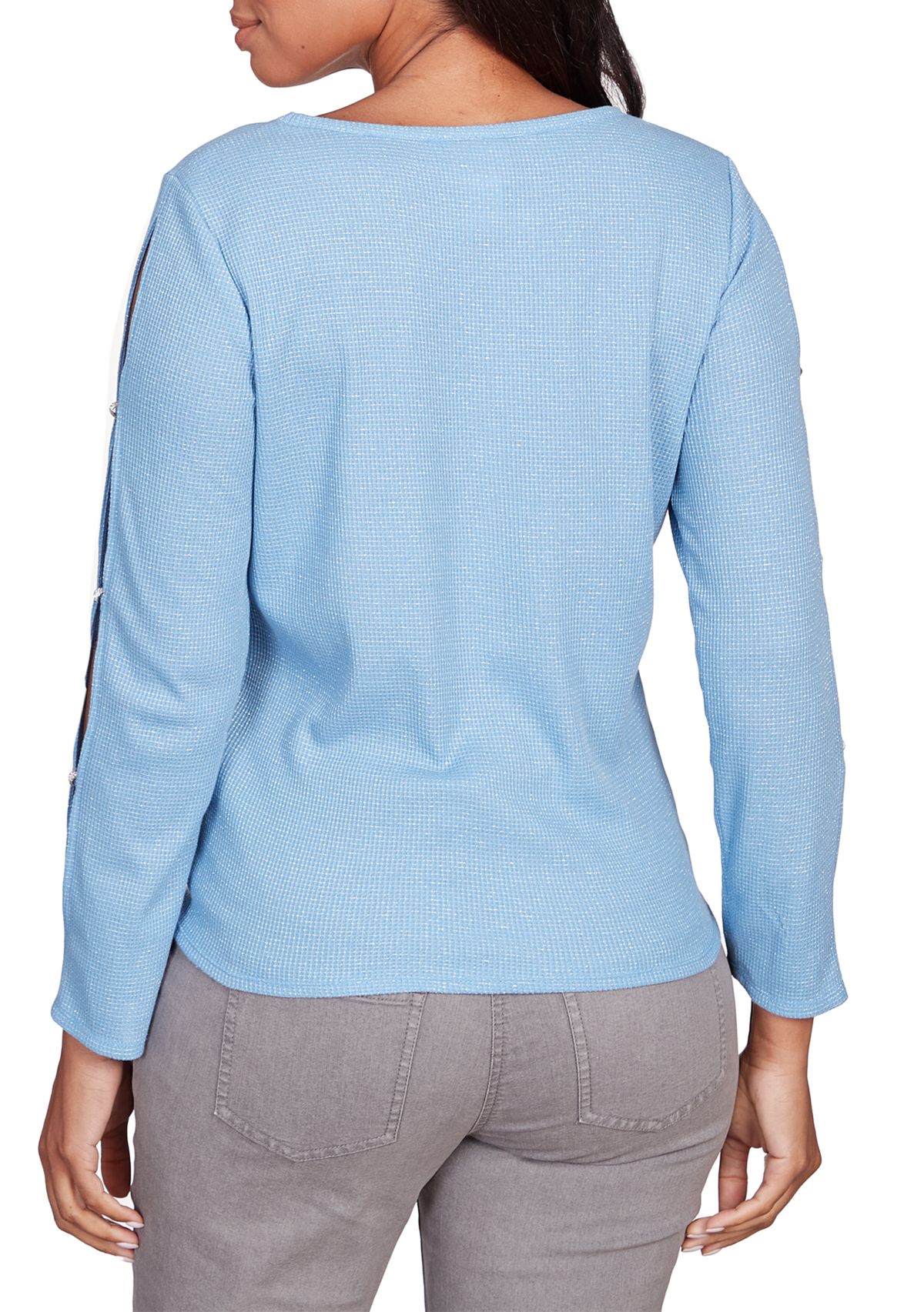 Womens Tie Front Cutout Sleeve Waffle Knit Top