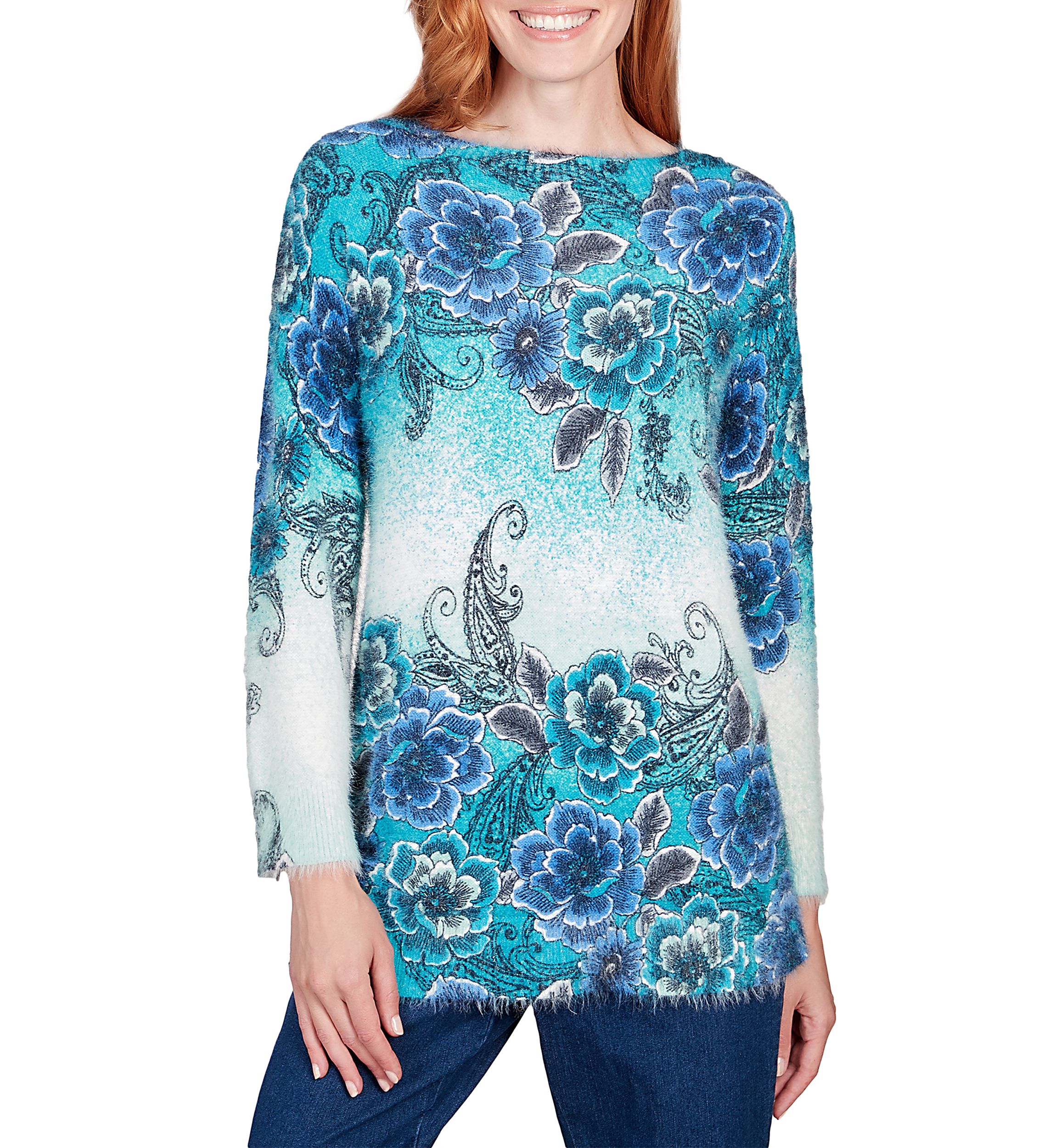 Womens Floral Ombré Furry Eyelash Sweater