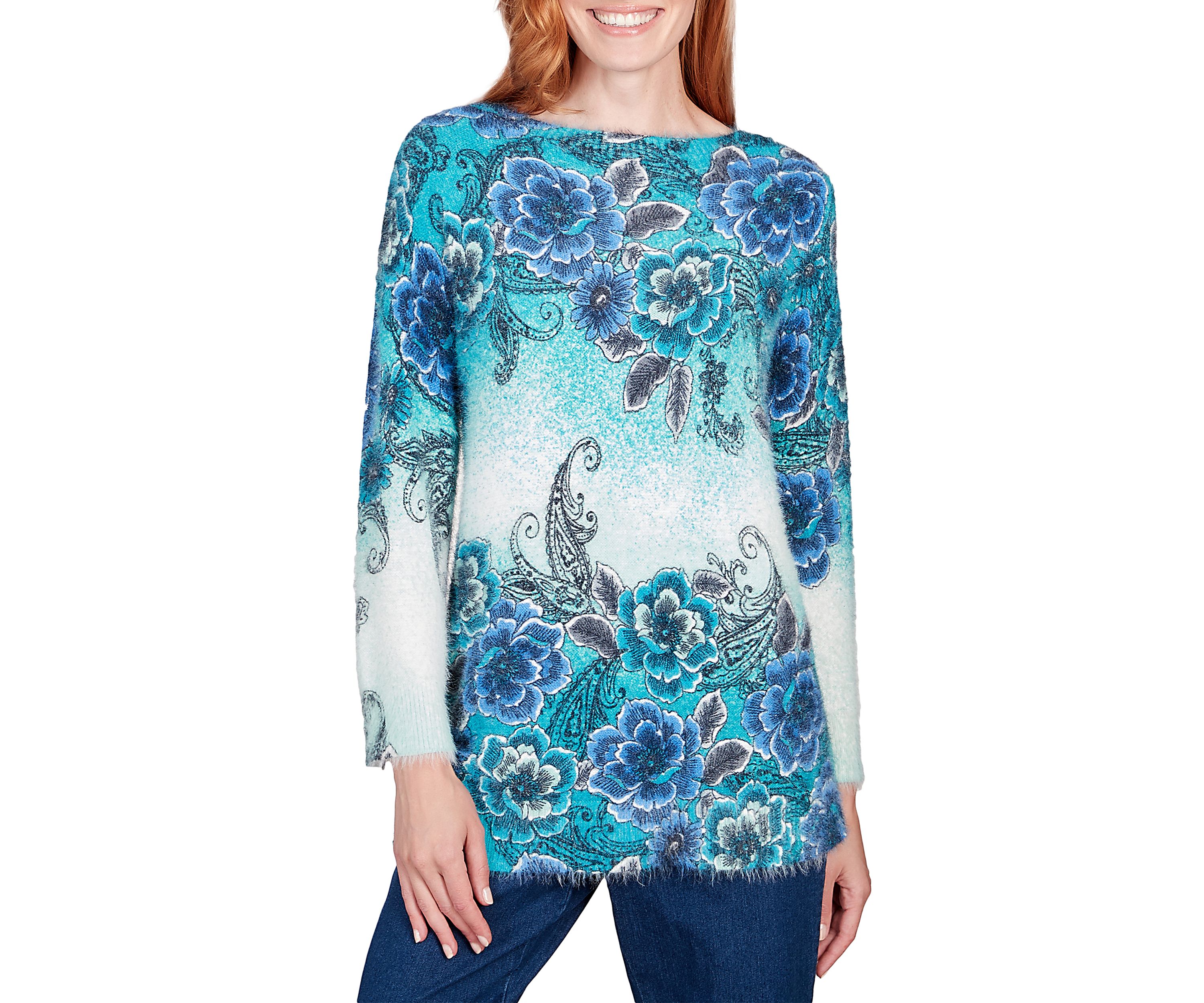 Womens Floral Ombré Furry Eyelash Sweater