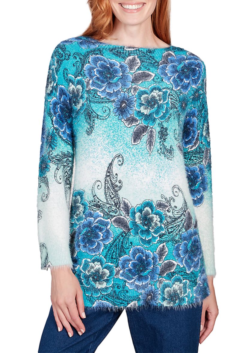 Womens Floral Ombré Furry Eyelash Sweater