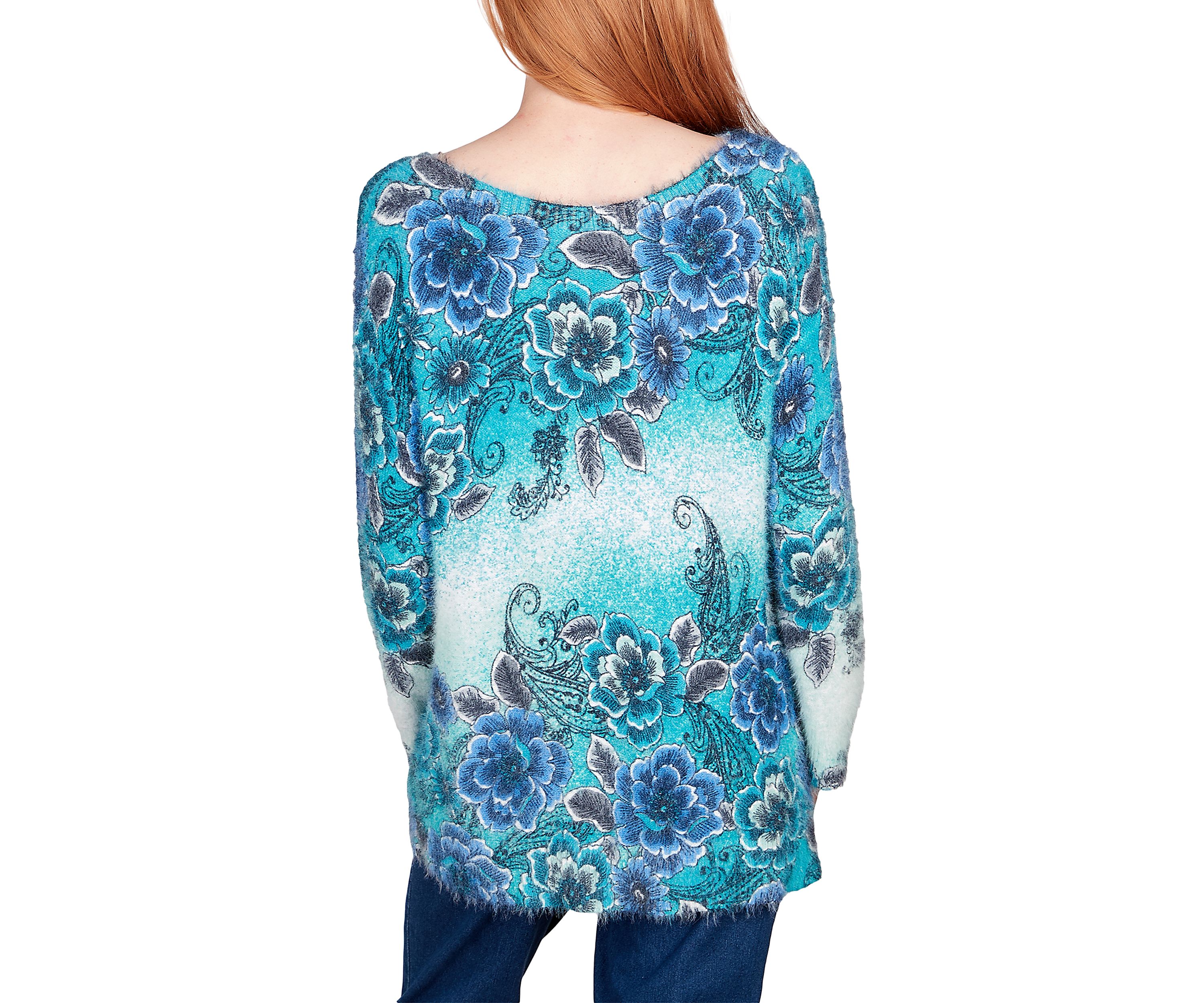 Womens Floral Ombré Furry Eyelash Sweater