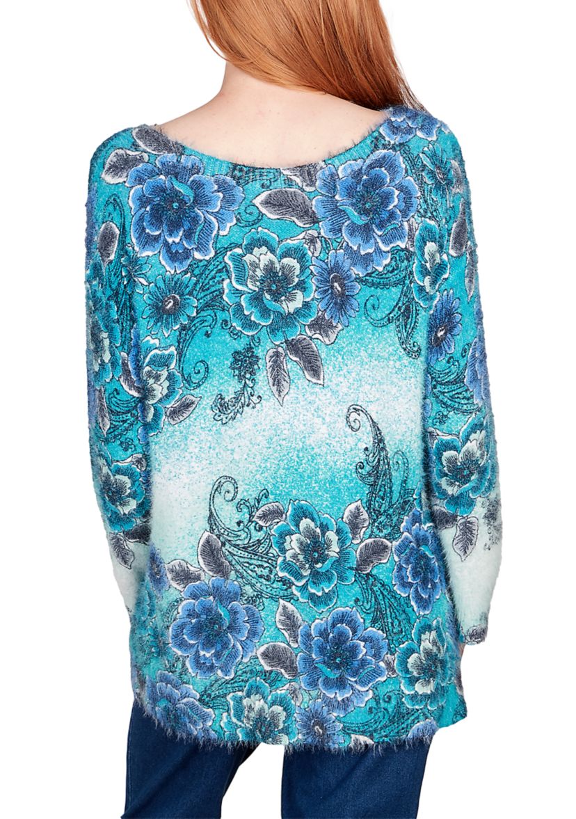 Womens Floral Ombré Furry Eyelash Sweater