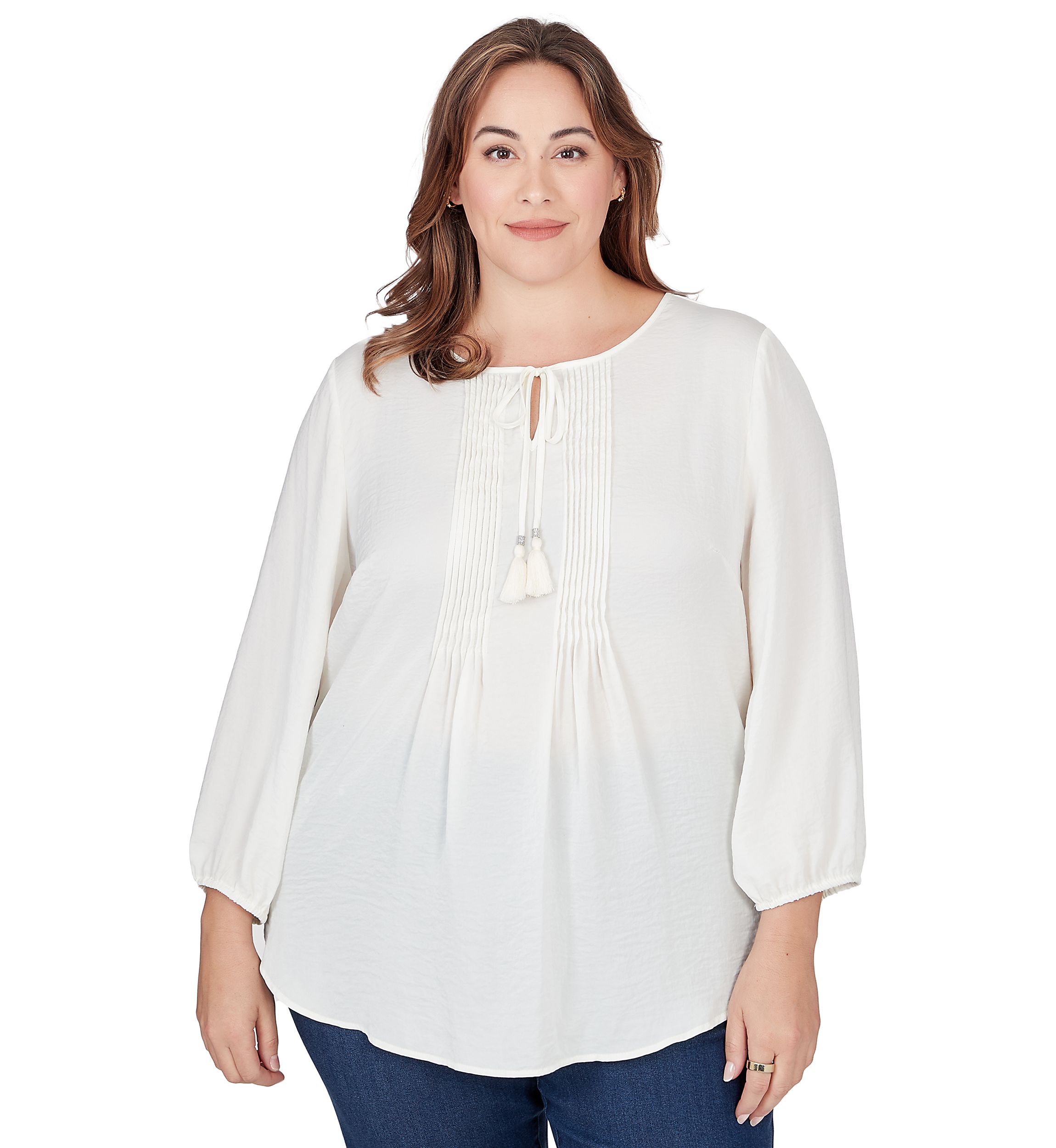 Plus Size Crinkled Satin Keyhole Neck Peasant Top
