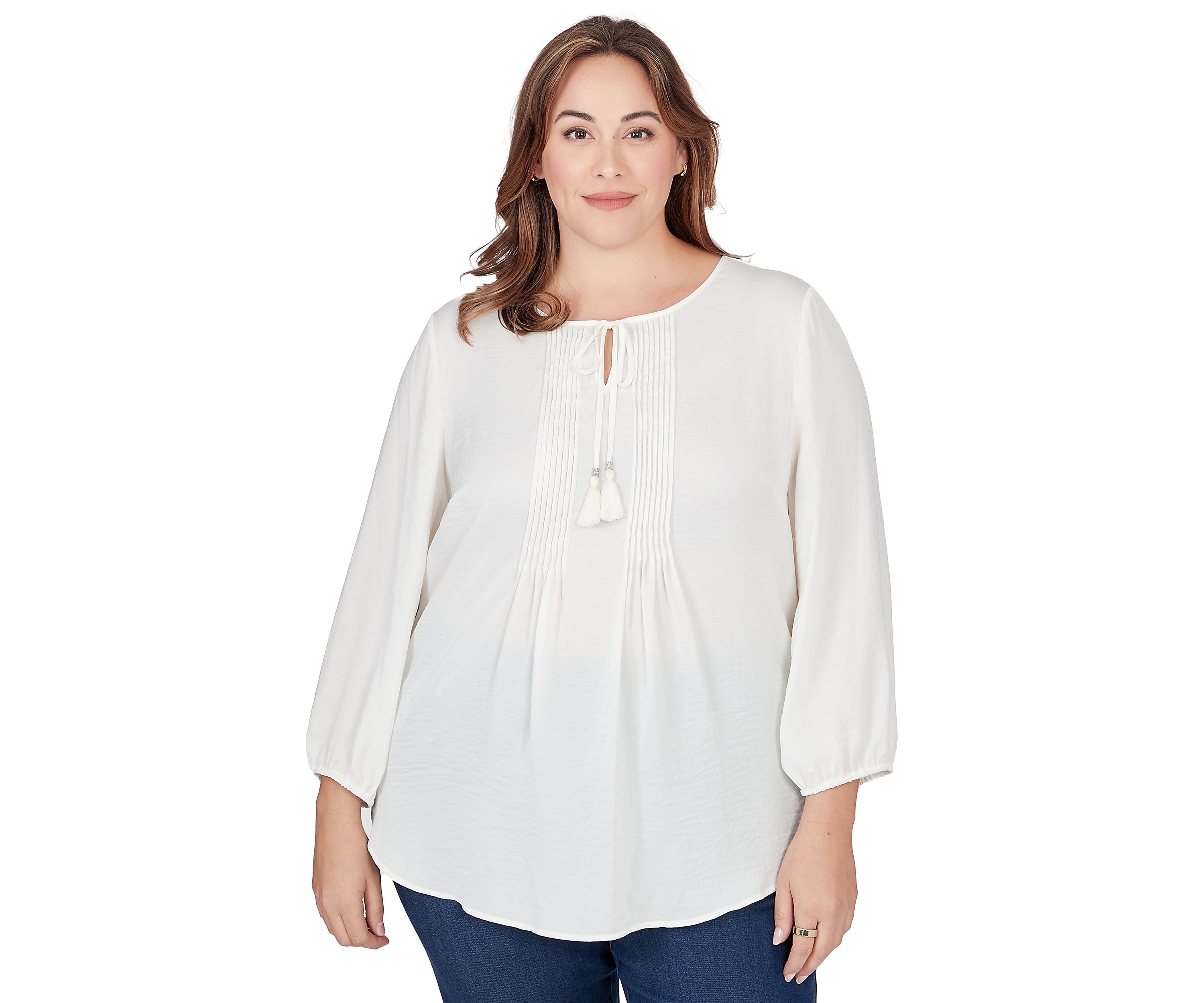 Plus Size Crinkled Satin Keyhole Neck Peasant Top