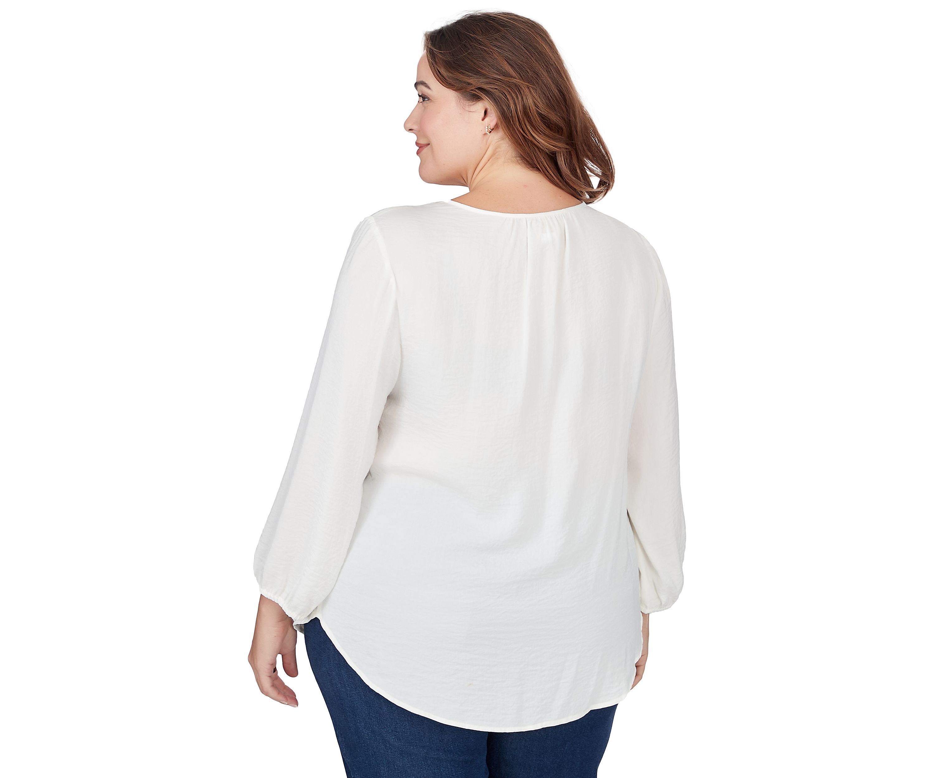 Plus Size Crinkled Satin Keyhole Neck Peasant Top