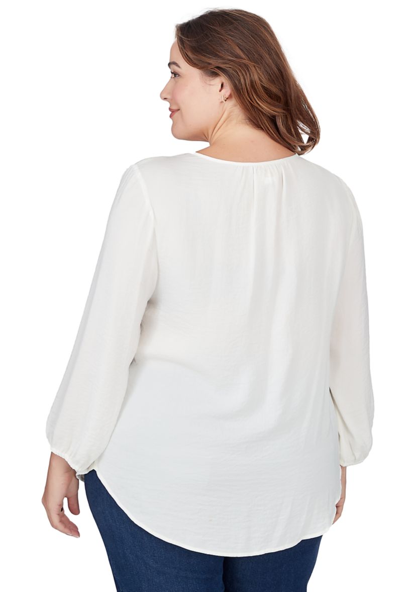 Plus Size Crinkled Satin Keyhole Neck Peasant Top