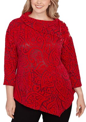 Ruby Rd Women's Plus Size Paisley Jacquard Asymmetric Hem Knit Top