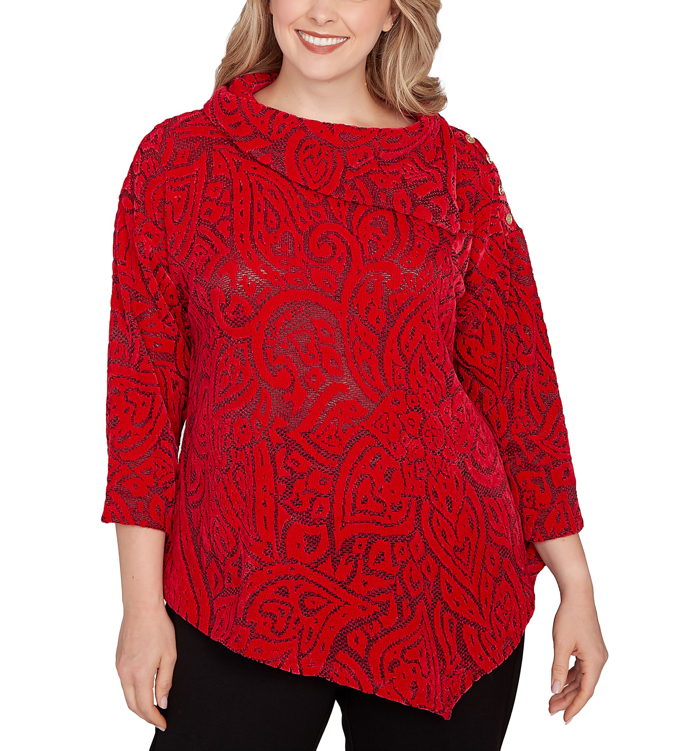 Plus Size Paisley Jacquard Asymmetric Hem Knit Top