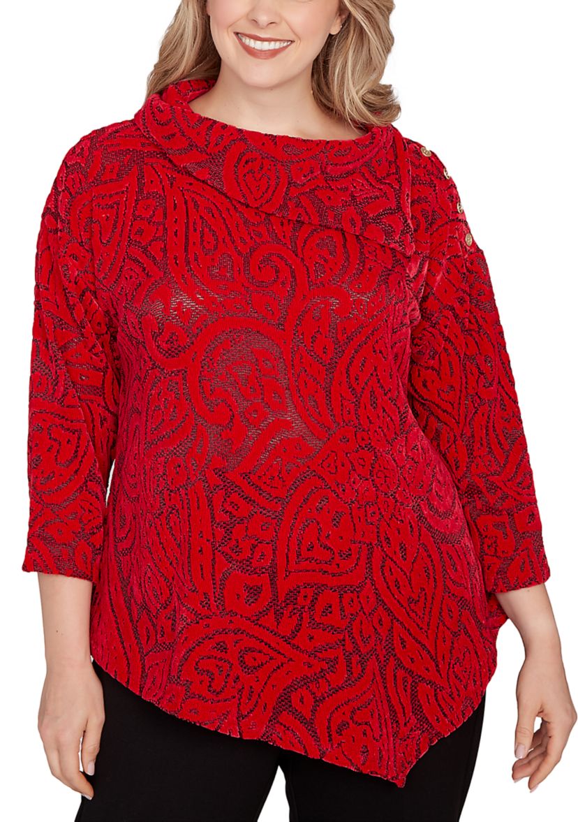 Plus Size Paisley Jacquard Asymmetric Hem Knit Top