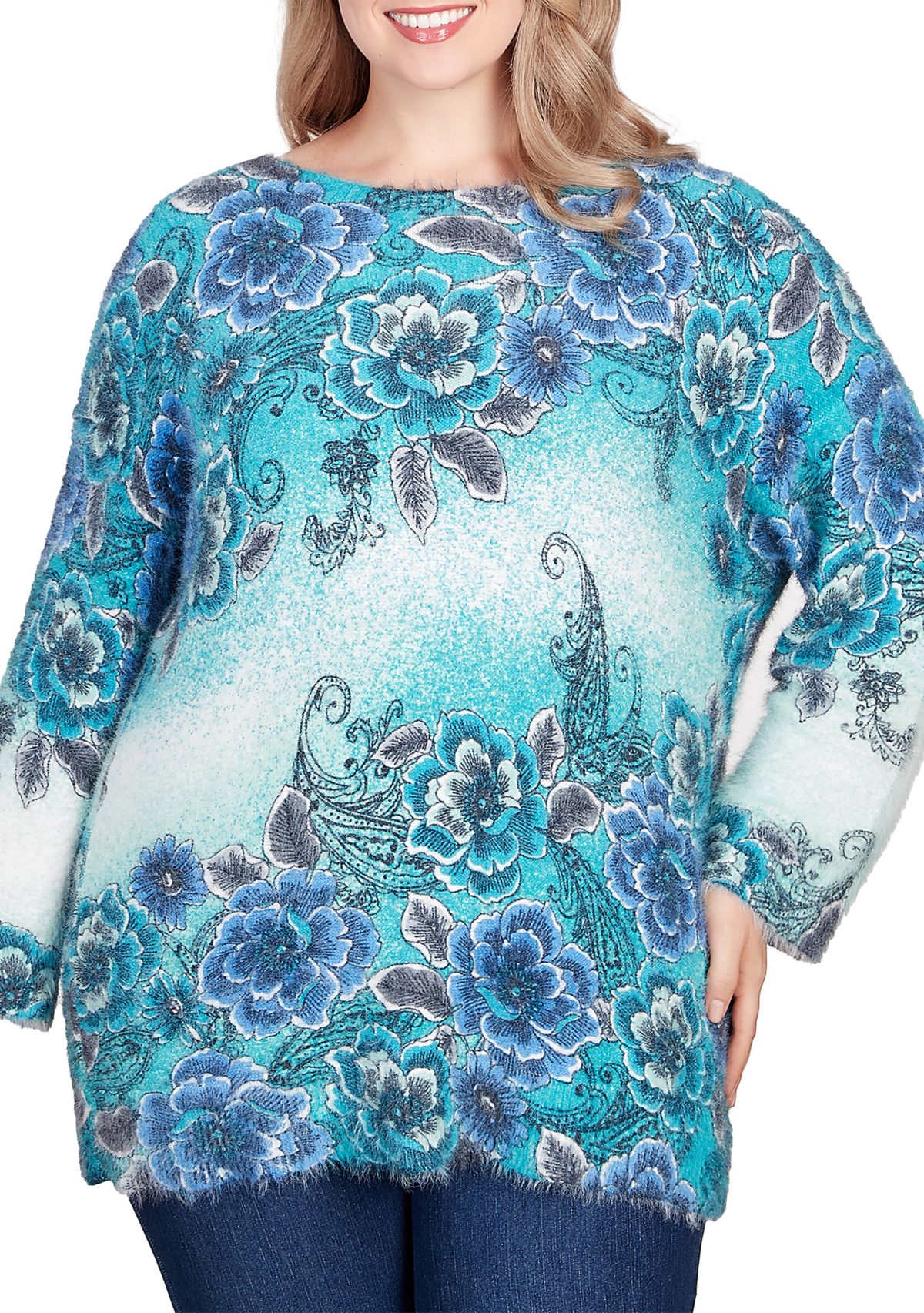 Plus Size Floral Ombre Furry Eyelash Sweater
