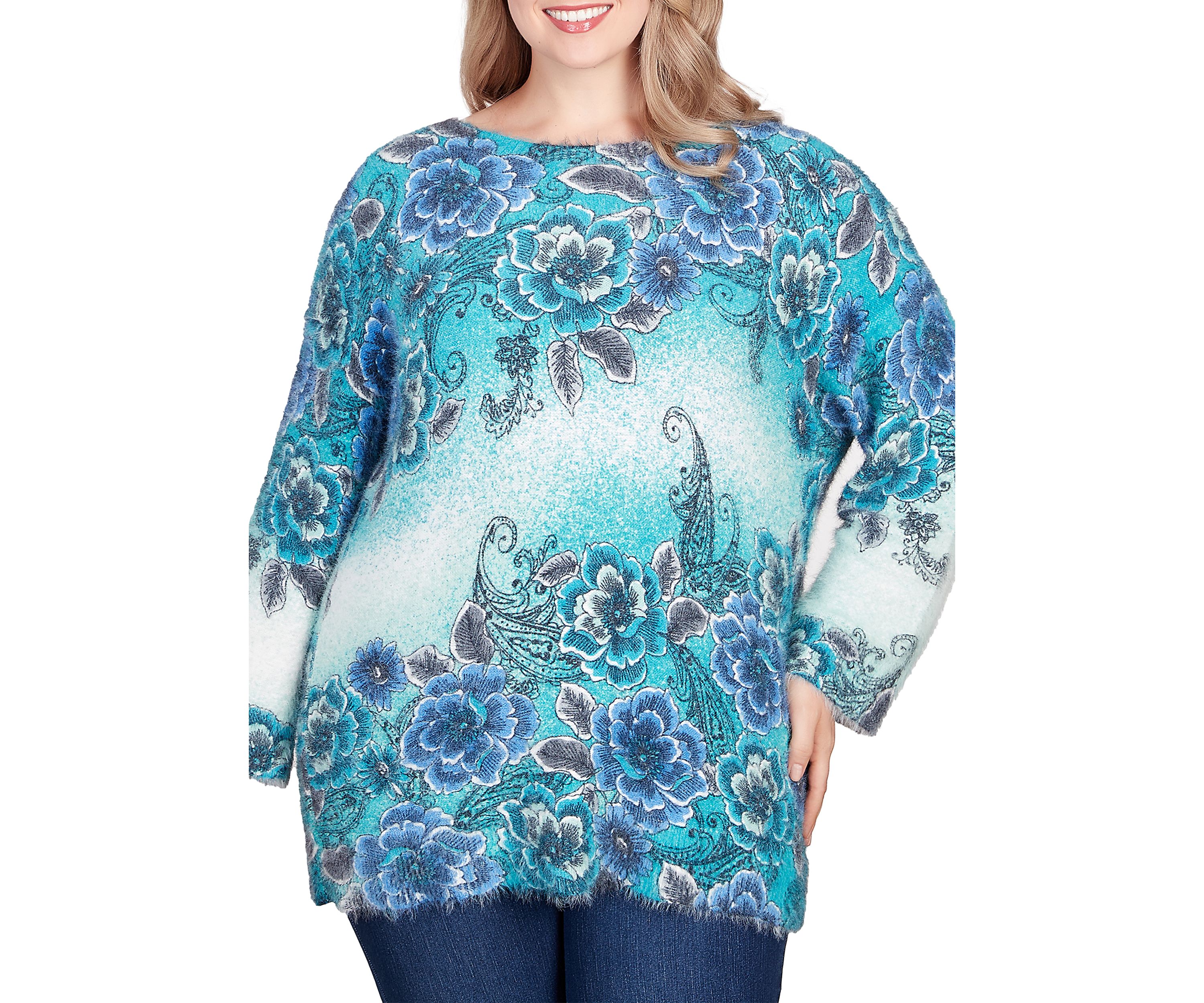 Plus Size Floral Ombre Furry Eyelash Sweater