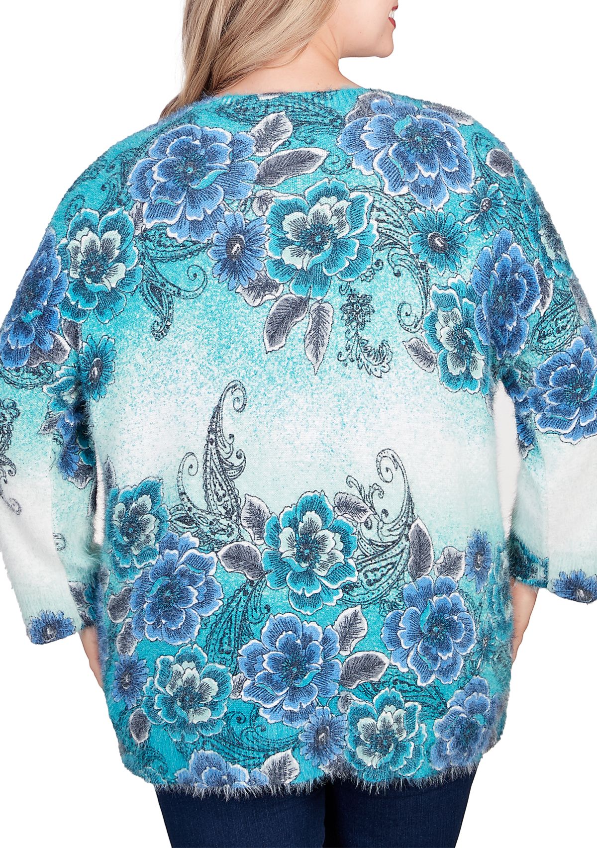 Plus Size Floral Ombre Furry Eyelash Sweater