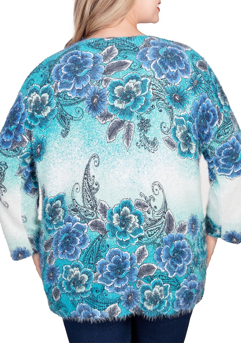 Plus Size Floral Ombre Furry Eyelash Sweater