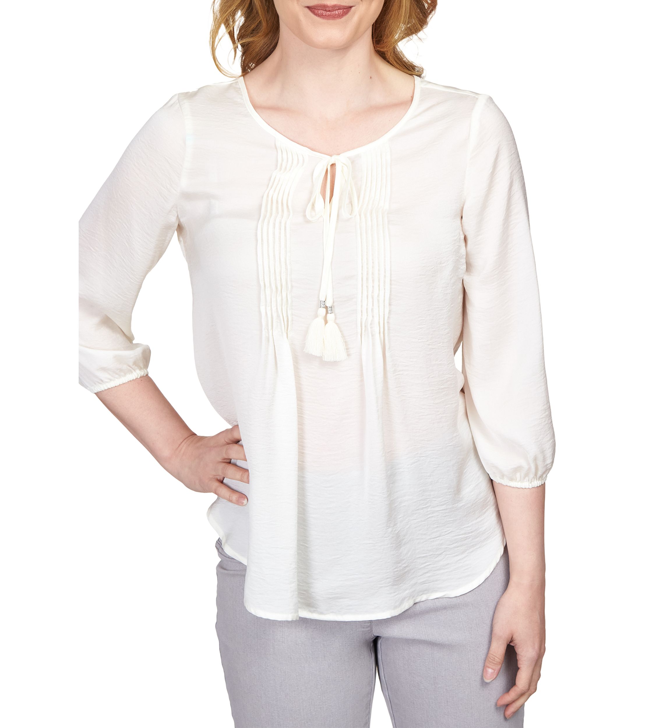 Petite Crinkled Satin Tie-Neck Peasant Top