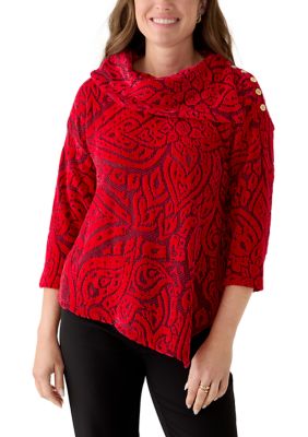 Ruby Rd Women's Petite Paisley Jacquard Asymmetric Hem Knit Top