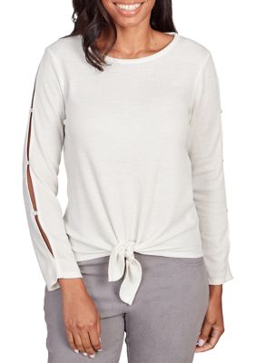 Ruby Rd Women's Petite Tie-Front Cutout Sleeve Waffle Knit Top, Ivory, PS