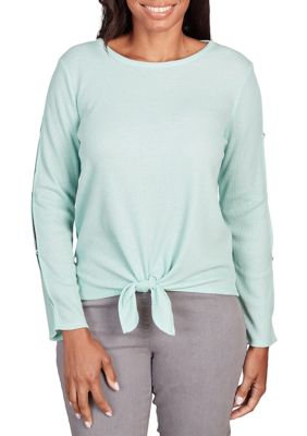 Ruby Rd Women's Petite Tie-Front Cutout Sleeve Waffle Knit Top, PS