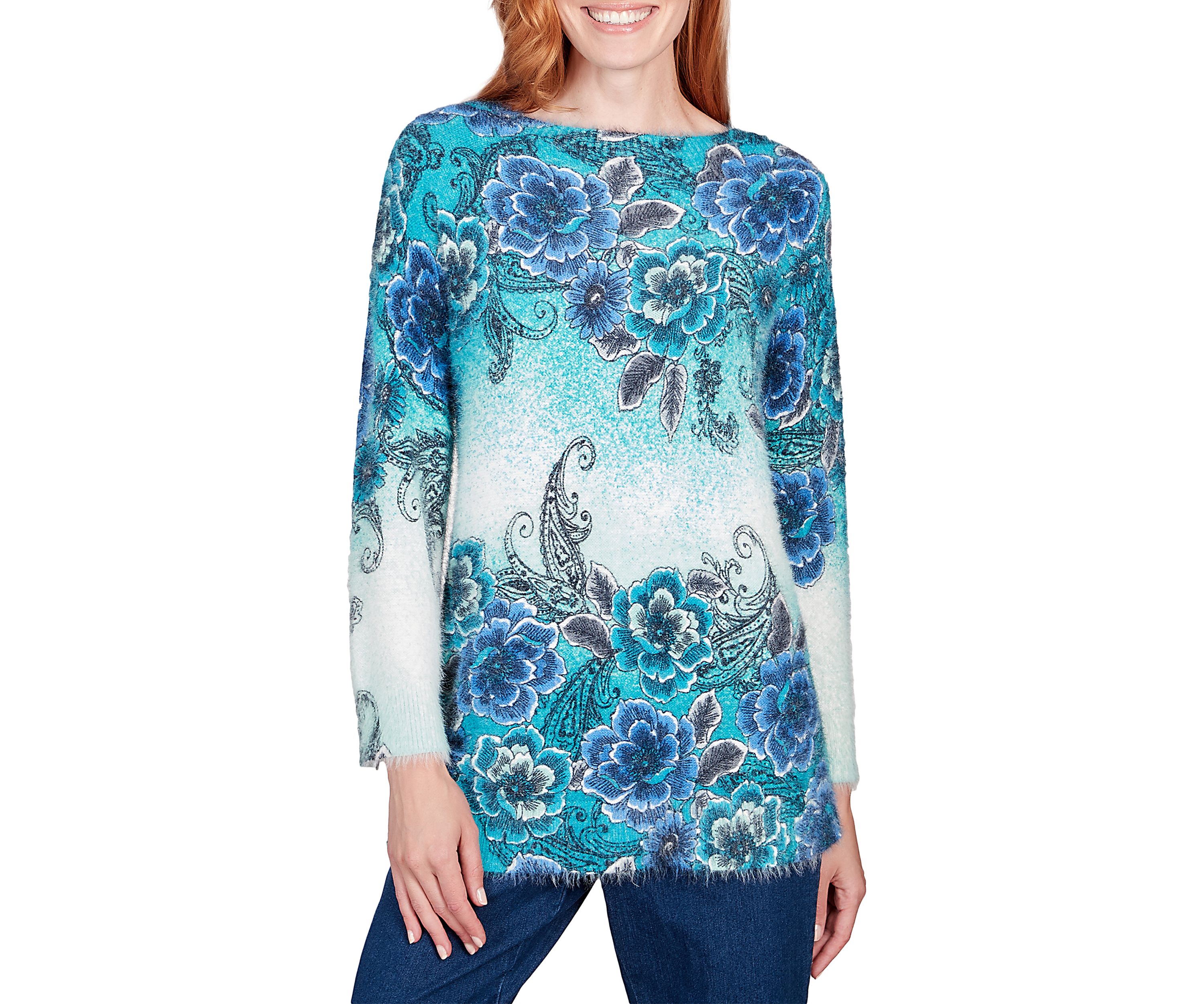 Petite Floral Ombre Furry Eyelash Sweater