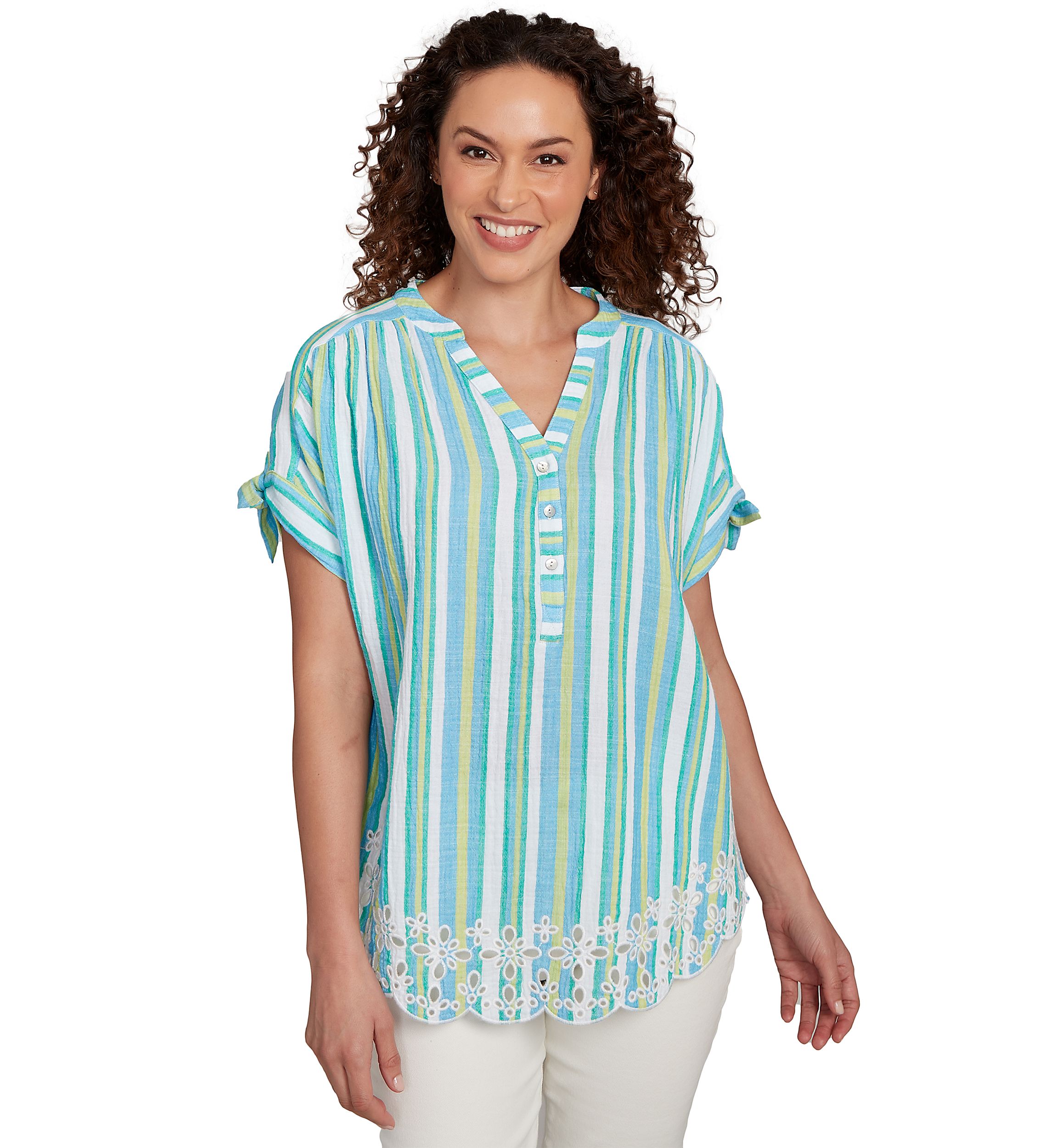 Womens Scalloped Stripe Embroidered Tie Sleeve T-Shirt