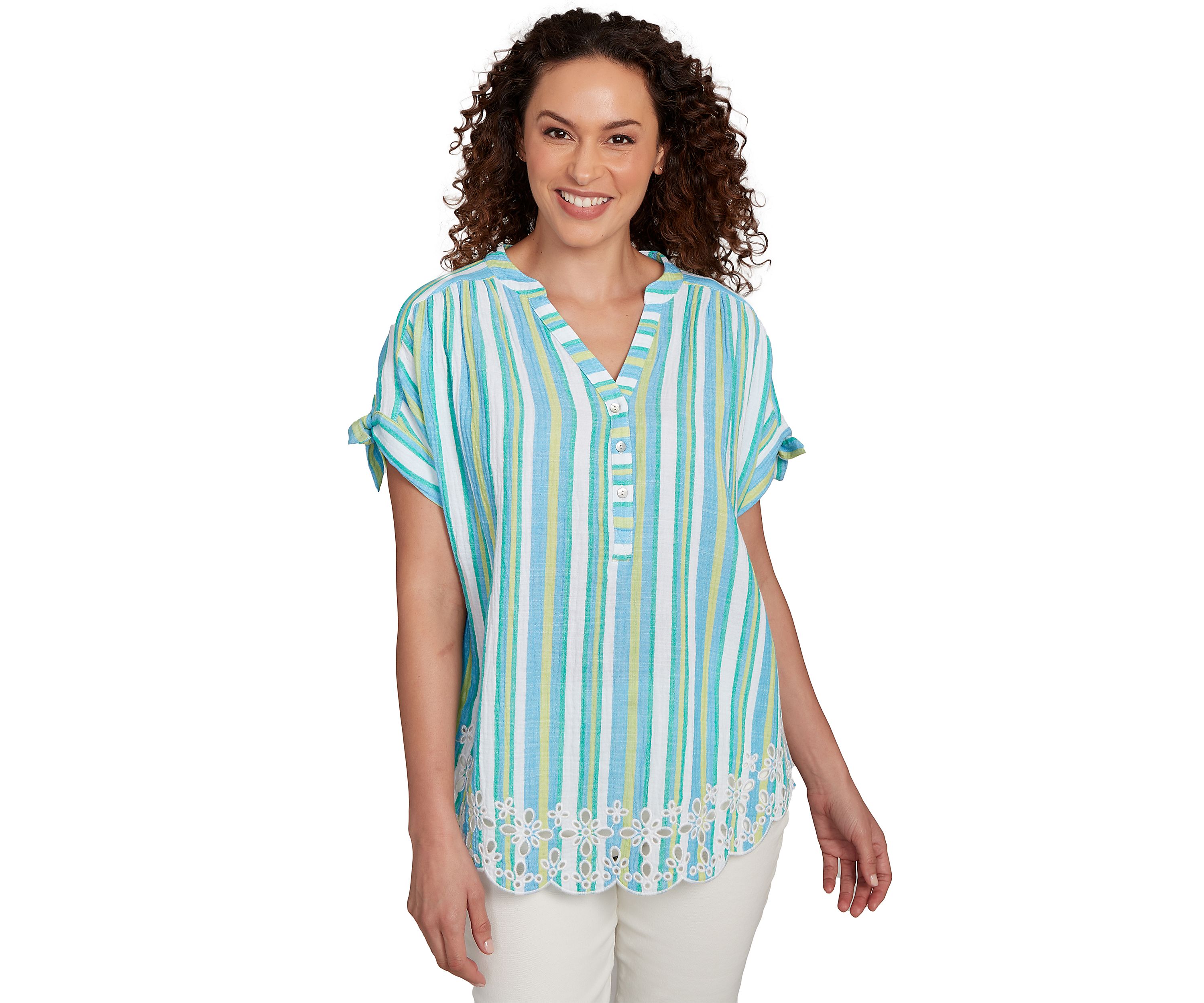 Womens Scalloped Stripe Embroidered Tie Sleeve T-Shirt
