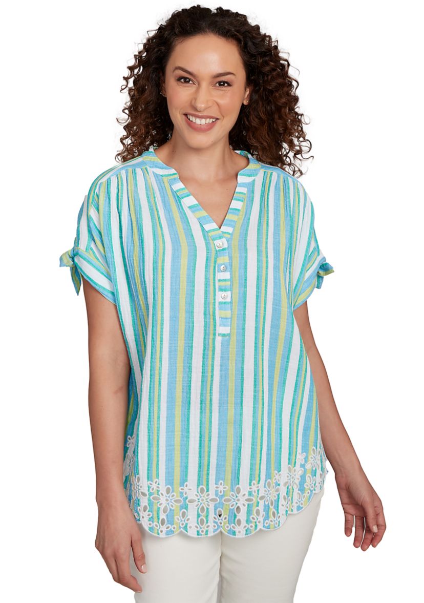 Womens Scalloped Stripe Embroidered Tie Sleeve T-Shirt