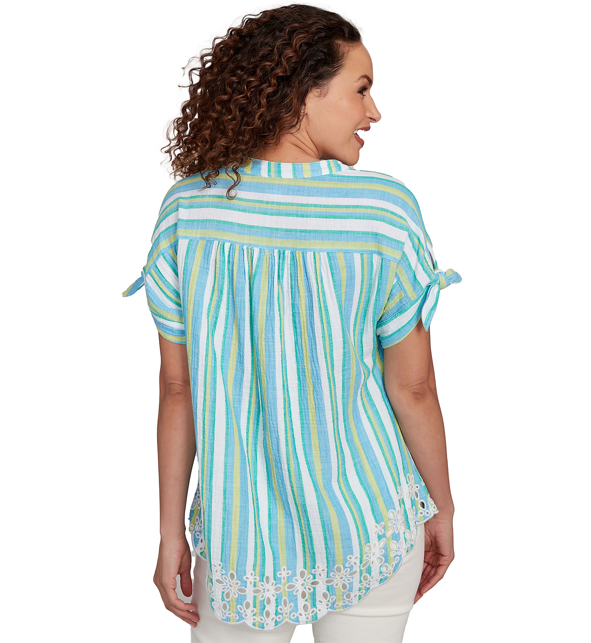 Womens Scalloped Stripe Embroidered Tie Sleeve T-Shirt