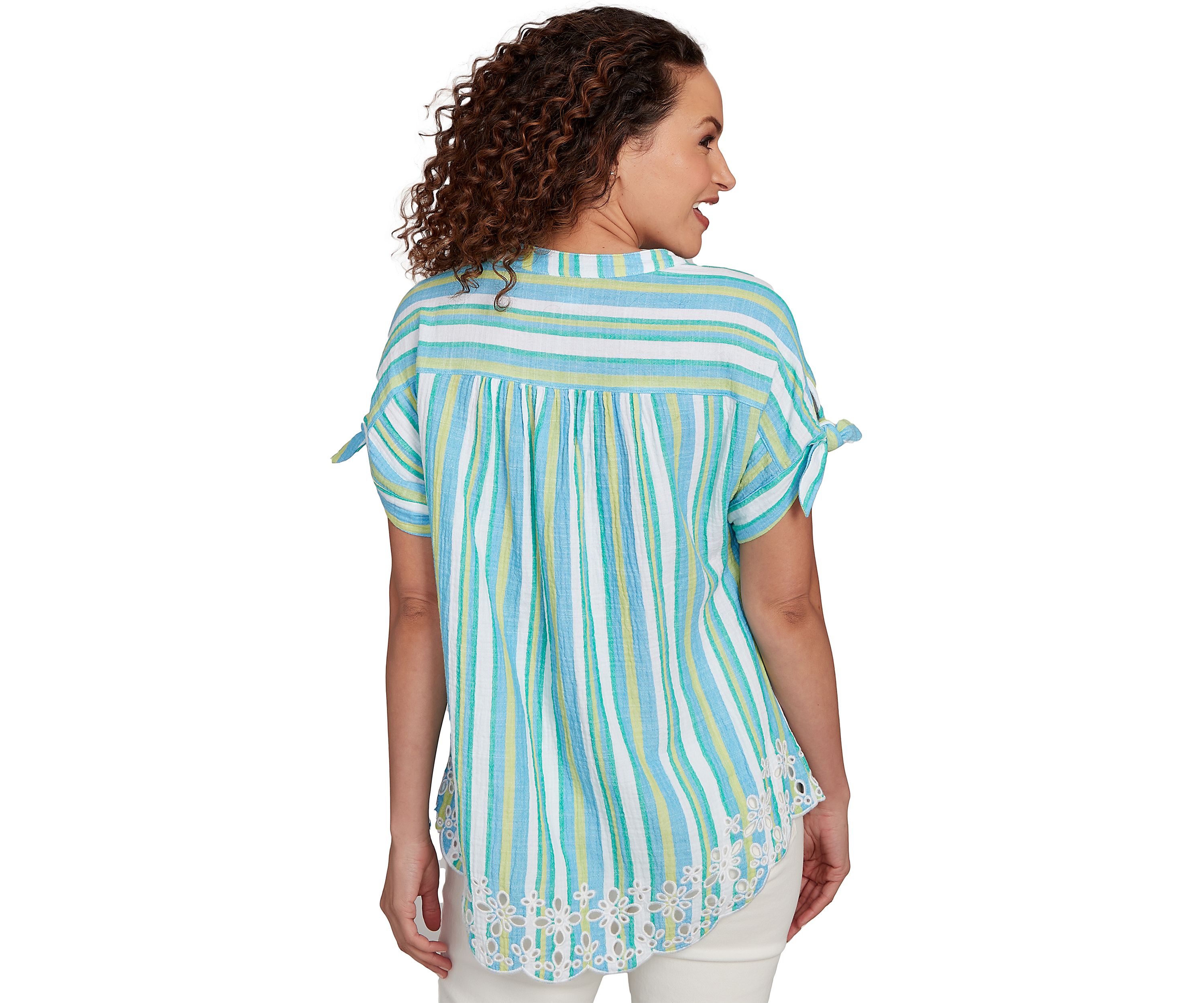 Womens Scalloped Stripe Embroidered Tie Sleeve T-Shirt