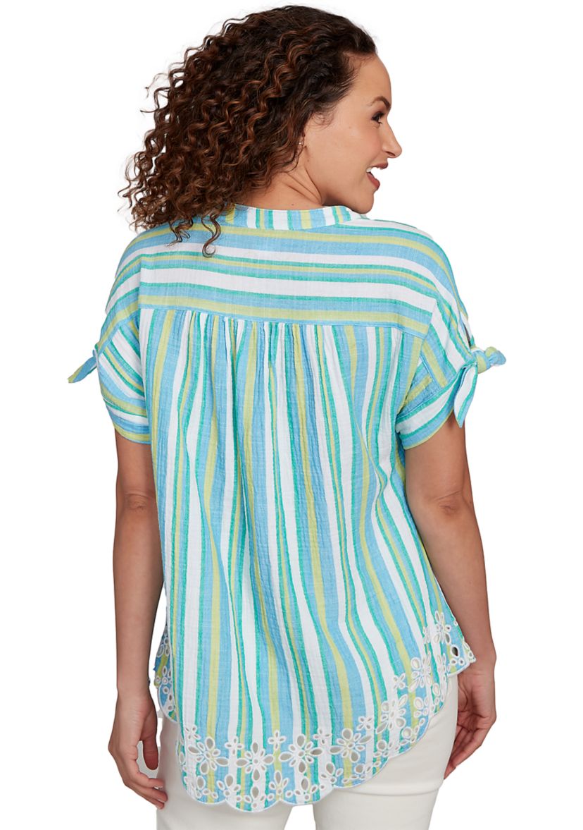 Womens Scalloped Stripe Embroidered Tie Sleeve T-Shirt