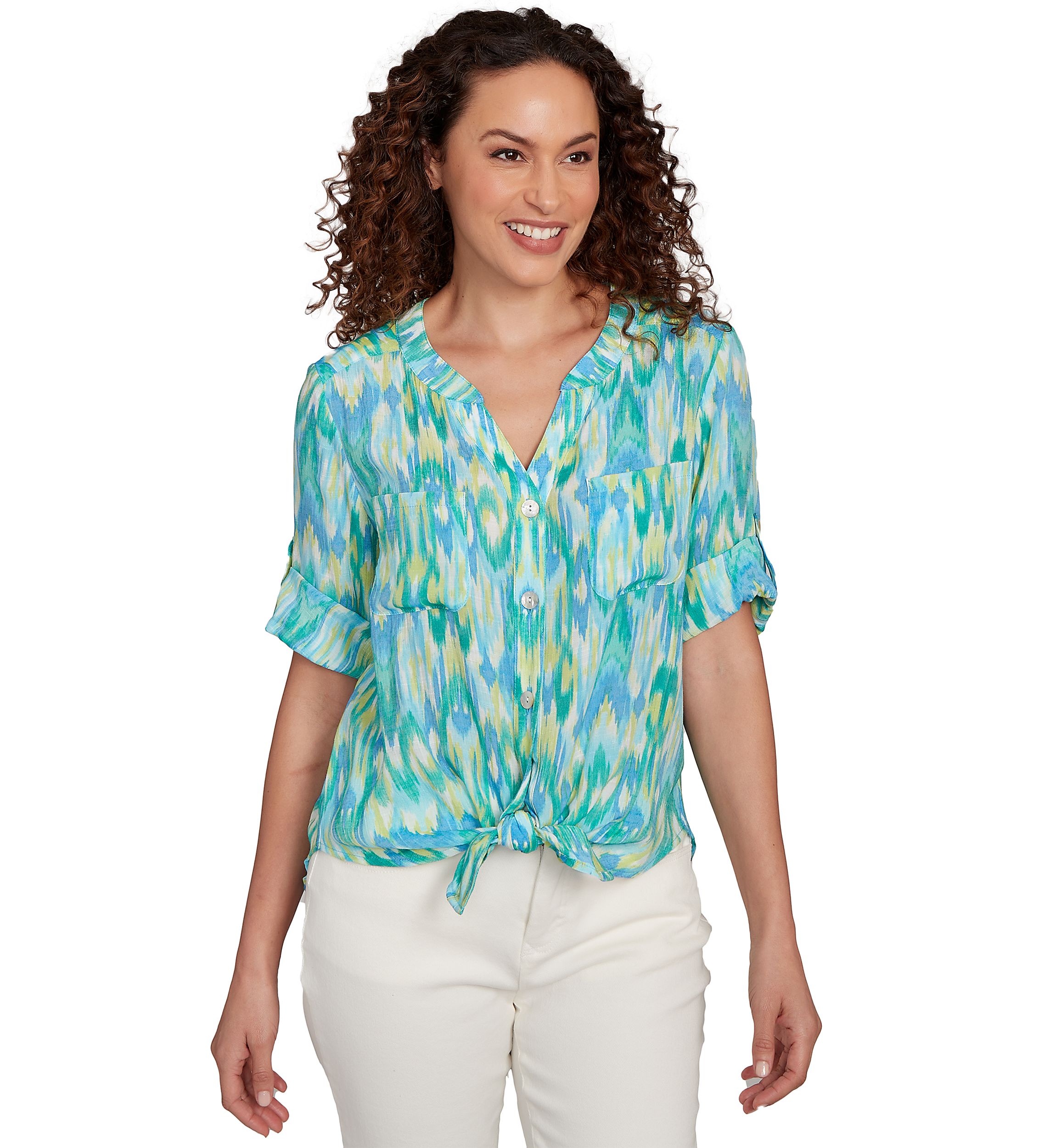 Womens Paradise Ikat Button Tie Front Top
