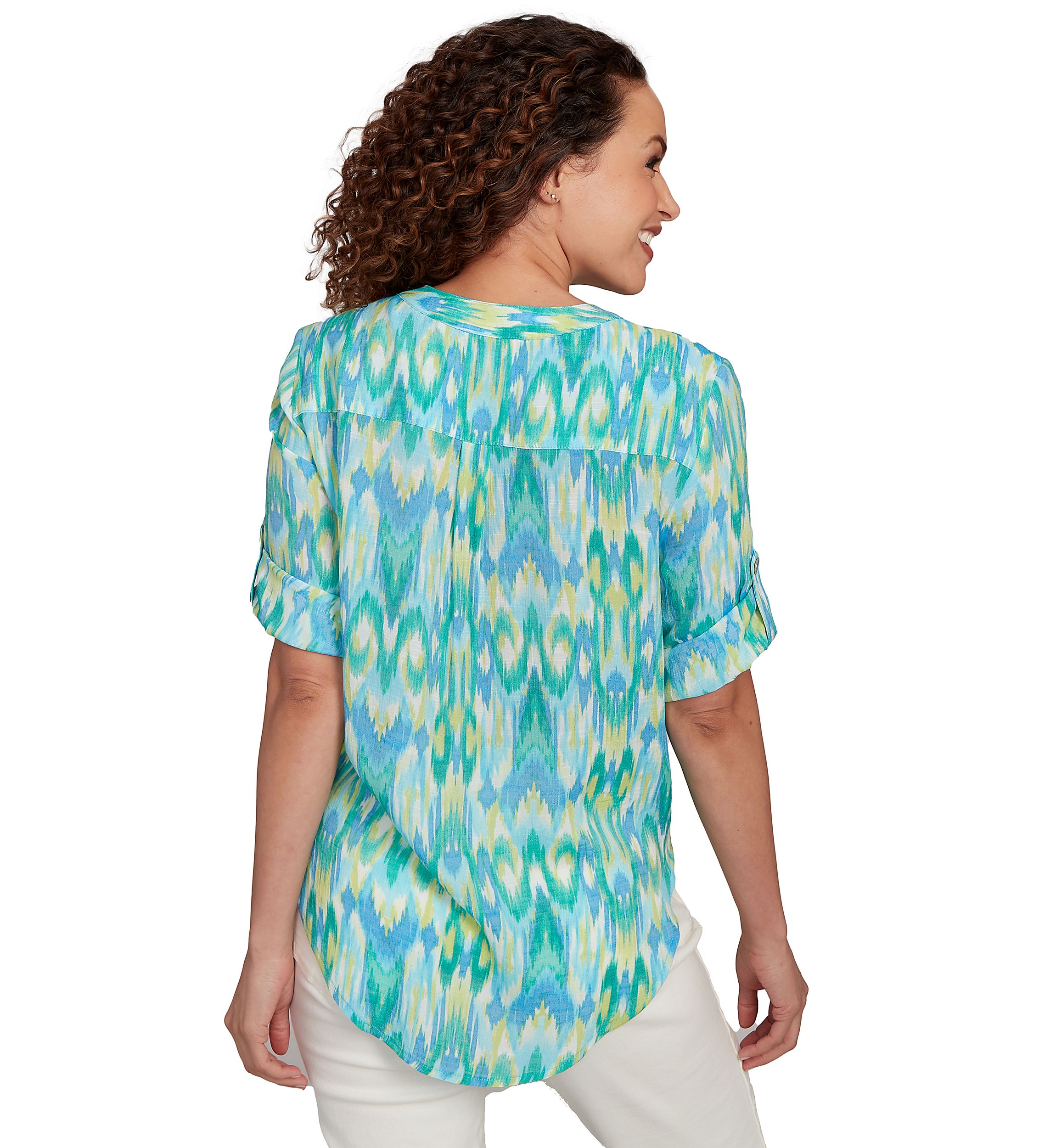 Womens Paradise Ikat Button Tie Front Top
