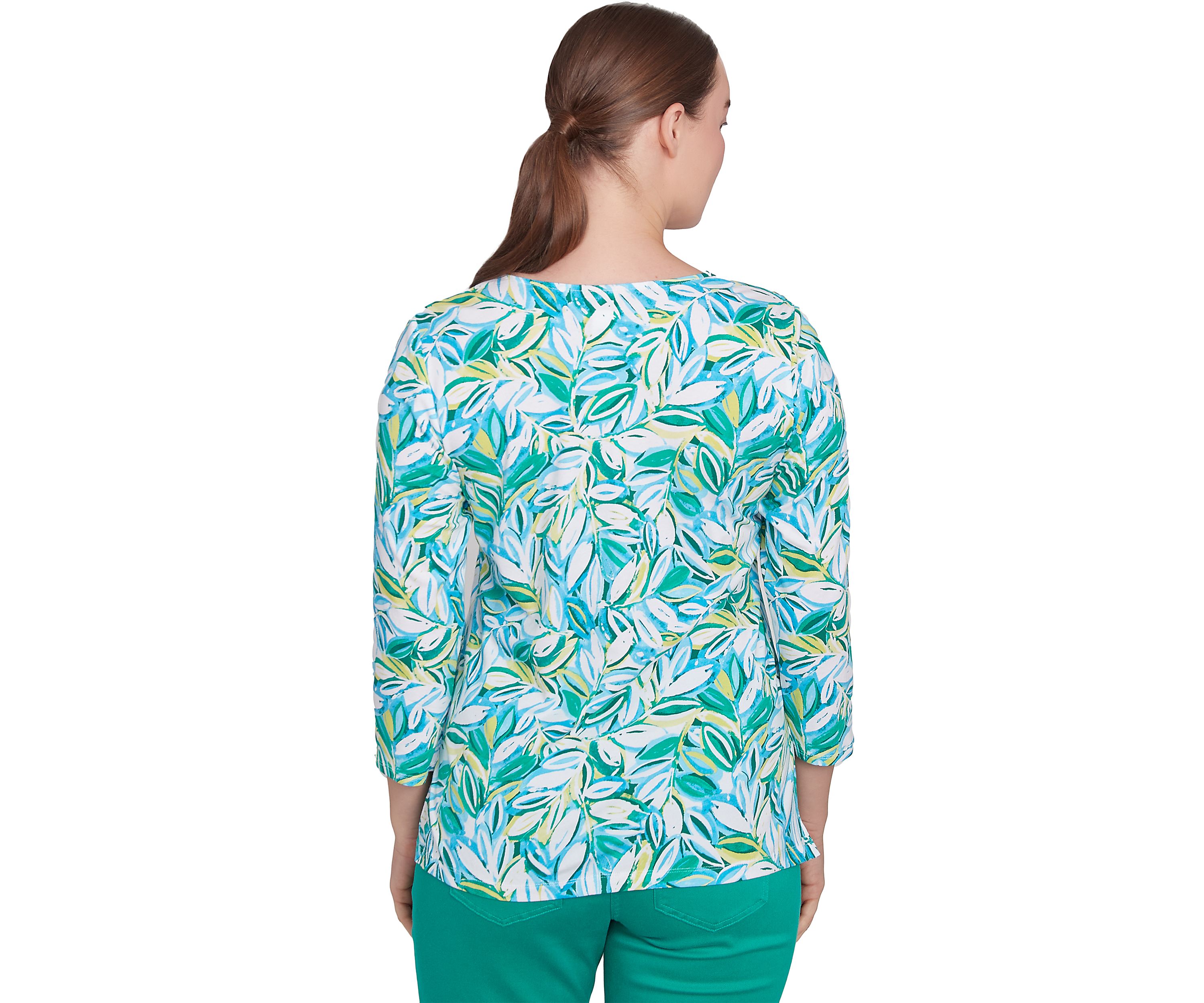 Womens Tossed Leaves Embellished Knit Top