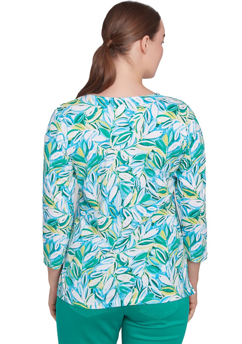 Womens Tossed Leaves Embellished Knit Top