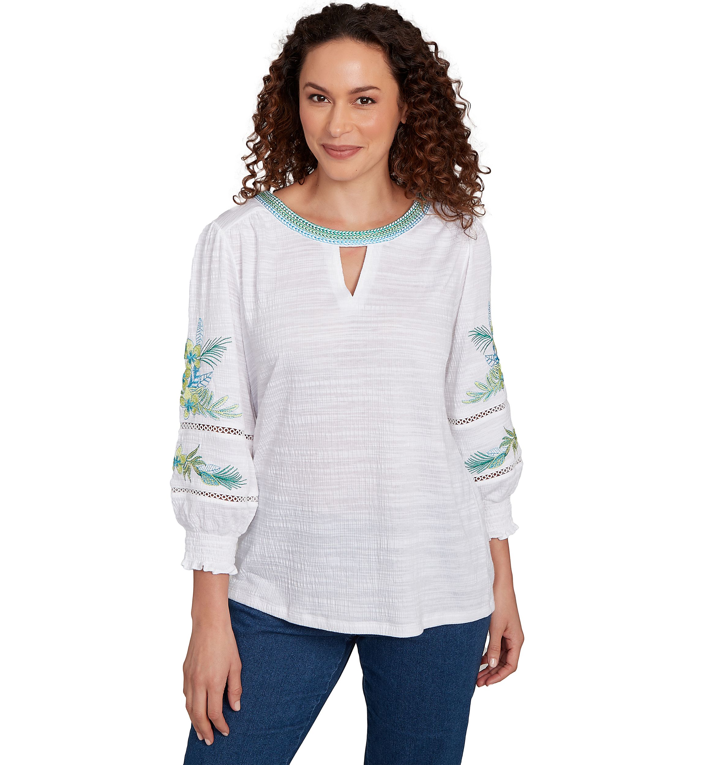 Womens Solid Embroidered Textured Knit Top