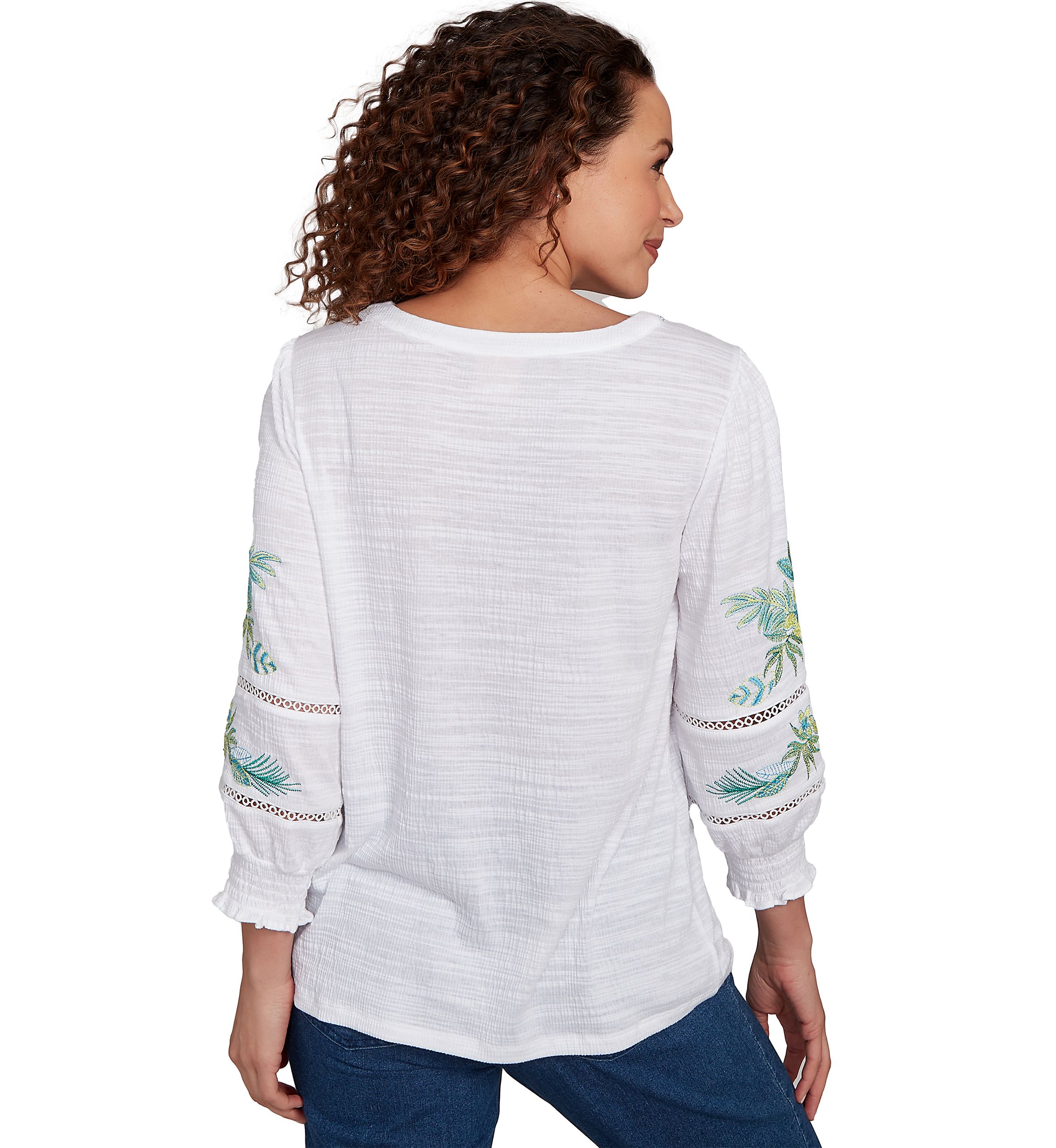 Womens Solid Embroidered Textured Knit Top