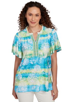 Ruby Rd Women's Batik Embroidered Tie Dye Puff Print T-Shirt, Large