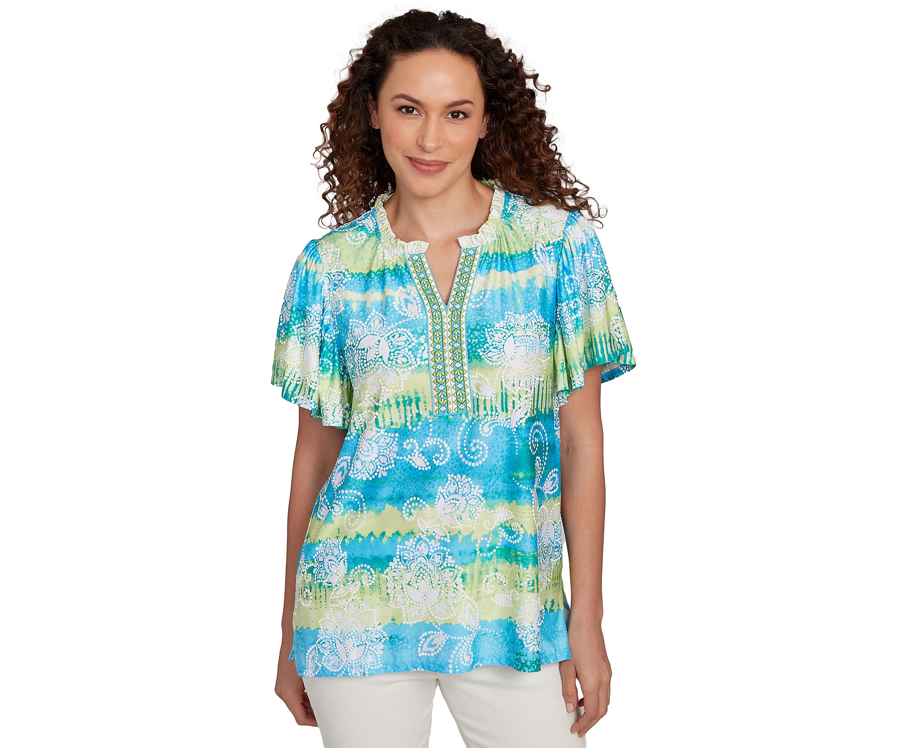 Womens Batik Embroidered Tie Dye Puff Print T-Shirt
