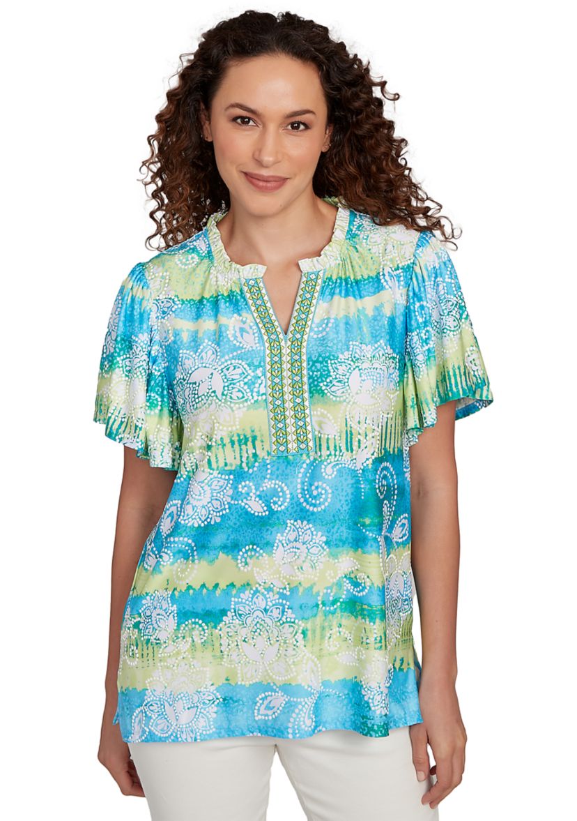 Womens Batik Embroidered Tie Dye Puff Print T-Shirt
