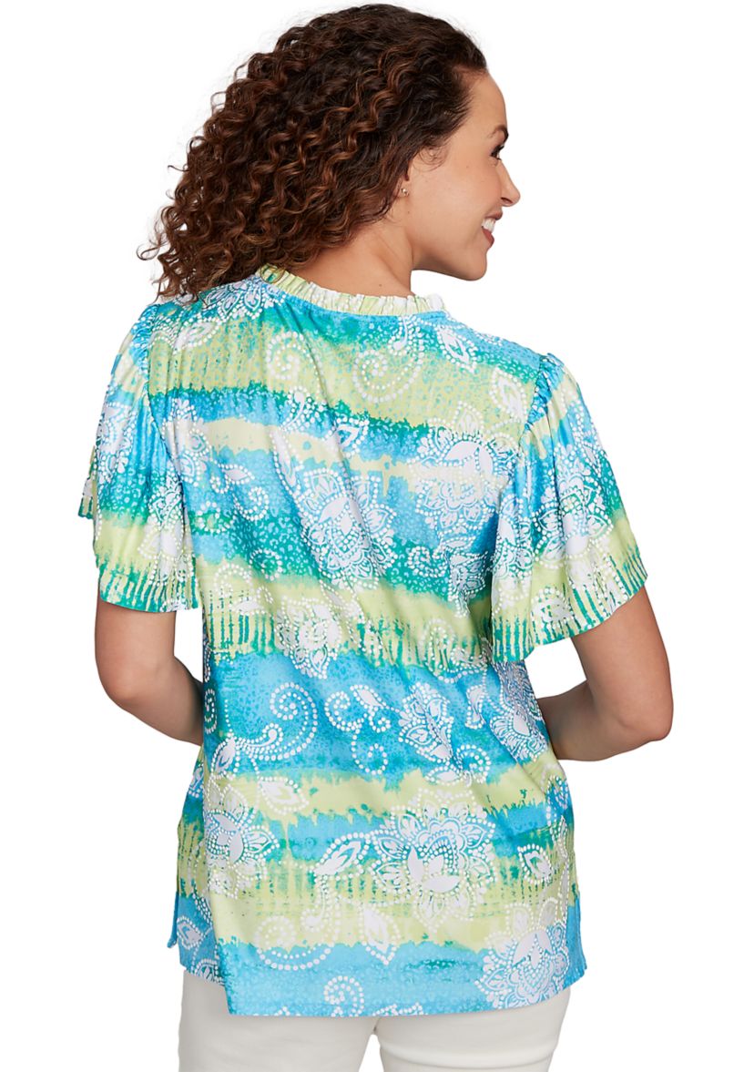 Womens Batik Embroidered Tie Dye Puff Print T-Shirt