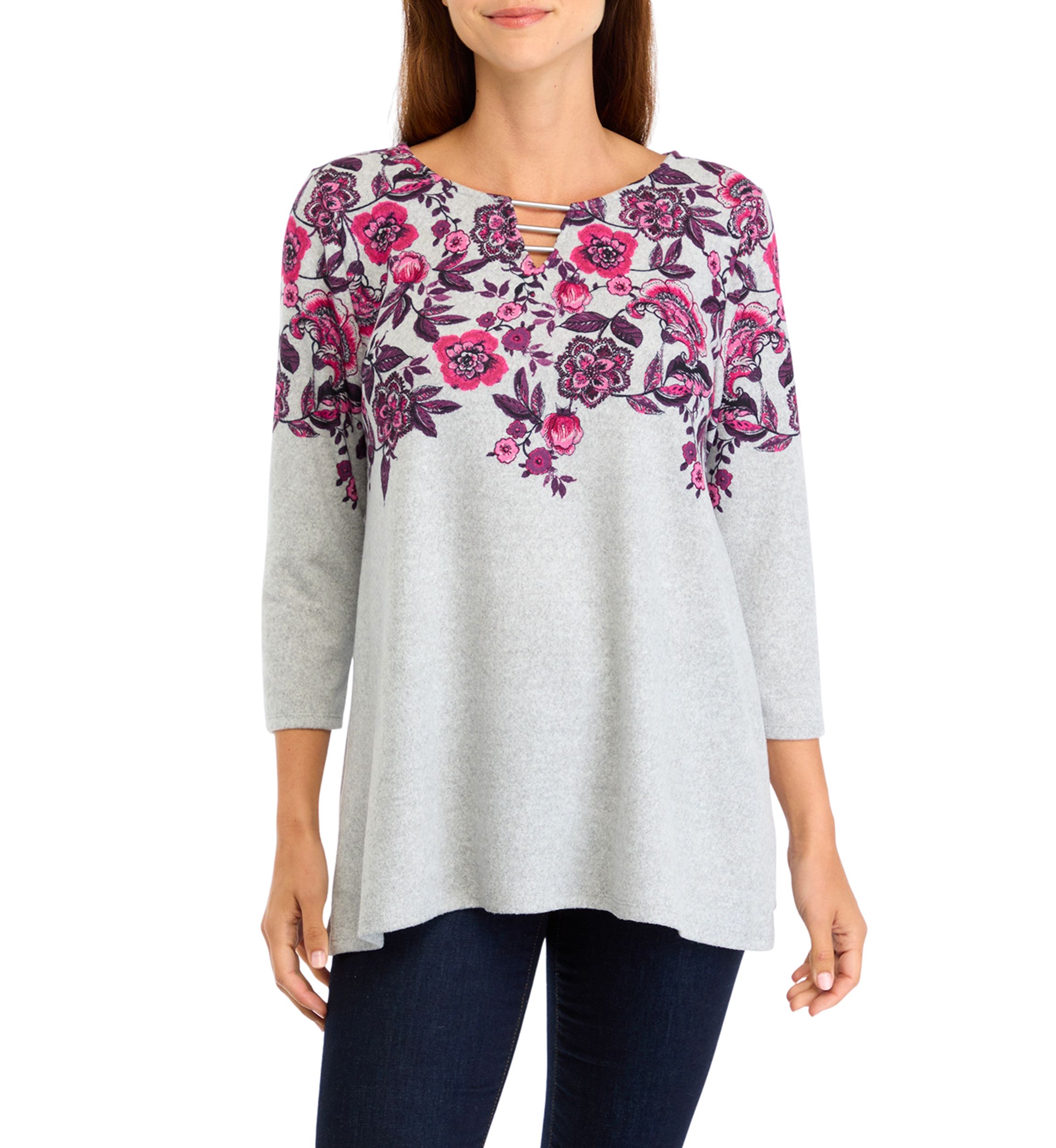 Womens Keyhole Neck Floral Vine Placement Print Hacci Knit Shark Bite Top
