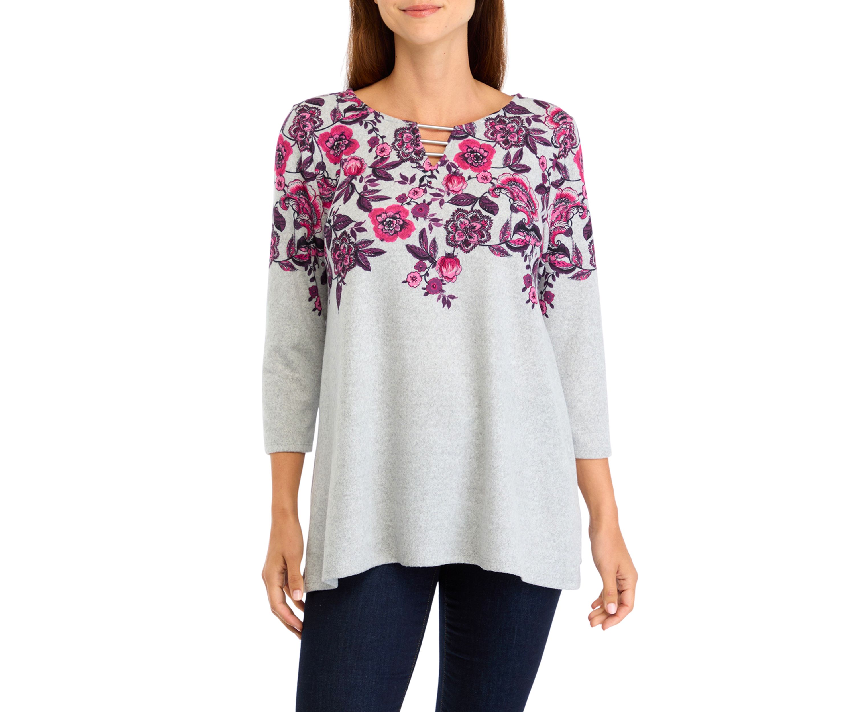 Womens Keyhole Neck Floral Vine Placement Print Hacci Knit Shark Bite Top