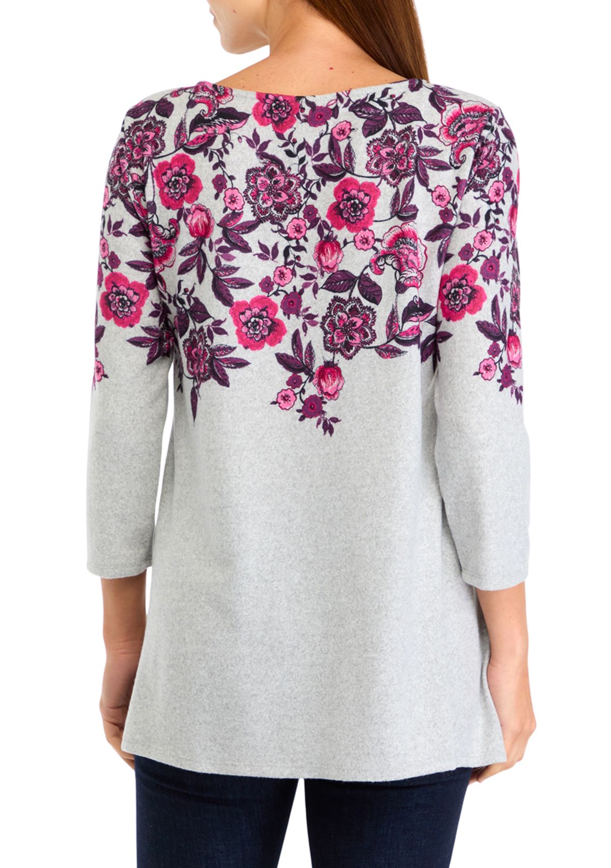 Womens Keyhole Neck Floral Vine Placement Print Hacci Knit Shark Bite Top