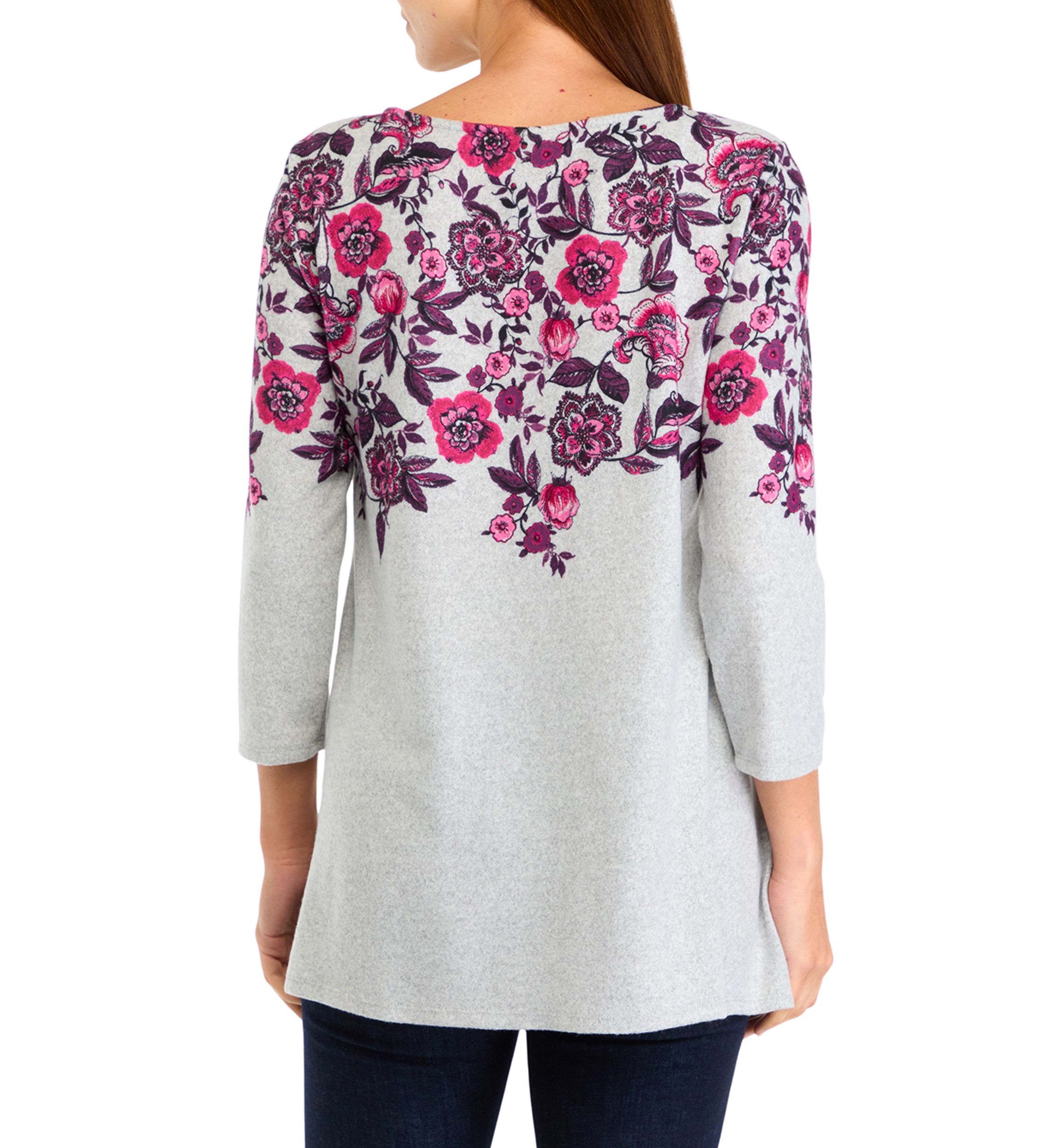 Womens Keyhole Neck Floral Vine Placement Print Hacci Knit Shark Bite Top