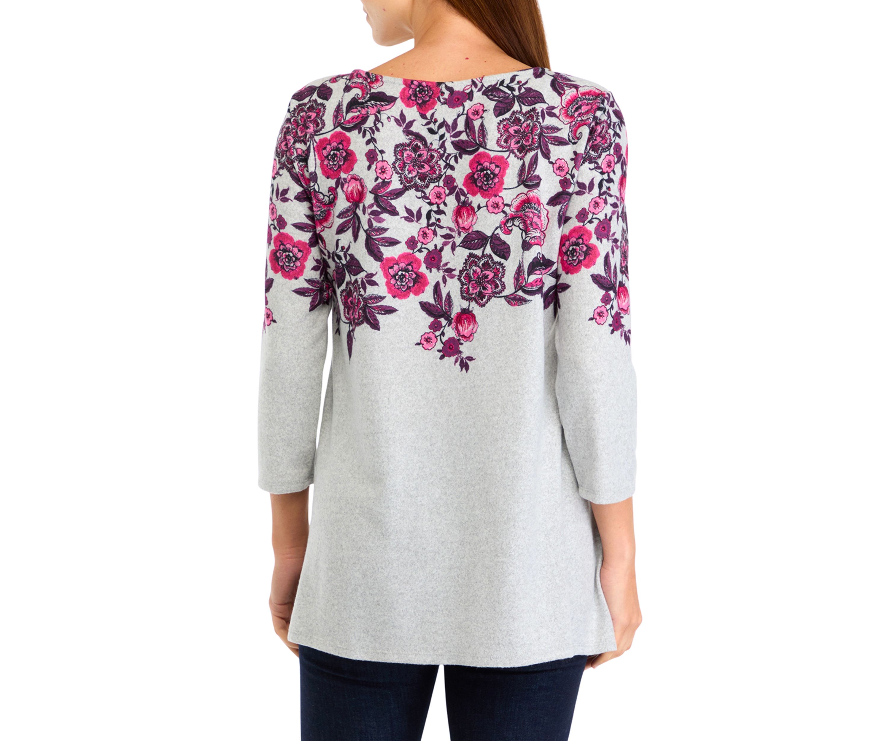 Womens Keyhole Neck Floral Vine Placement Print Hacci Knit Shark Bite Top