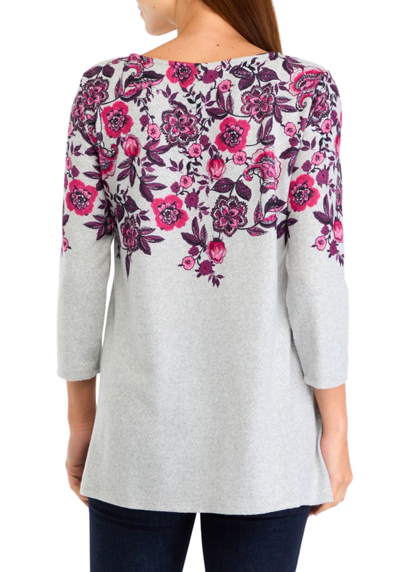 Womens Keyhole Neck Floral Vine Placement Print Hacci Knit Shark Bite Top