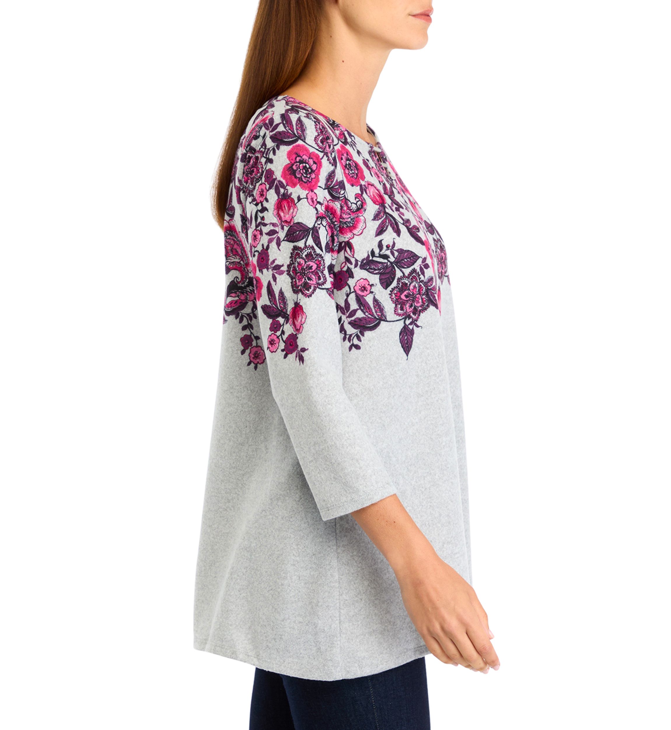 Womens Keyhole Neck Floral Vine Placement Print Hacci Knit Shark Bite Top