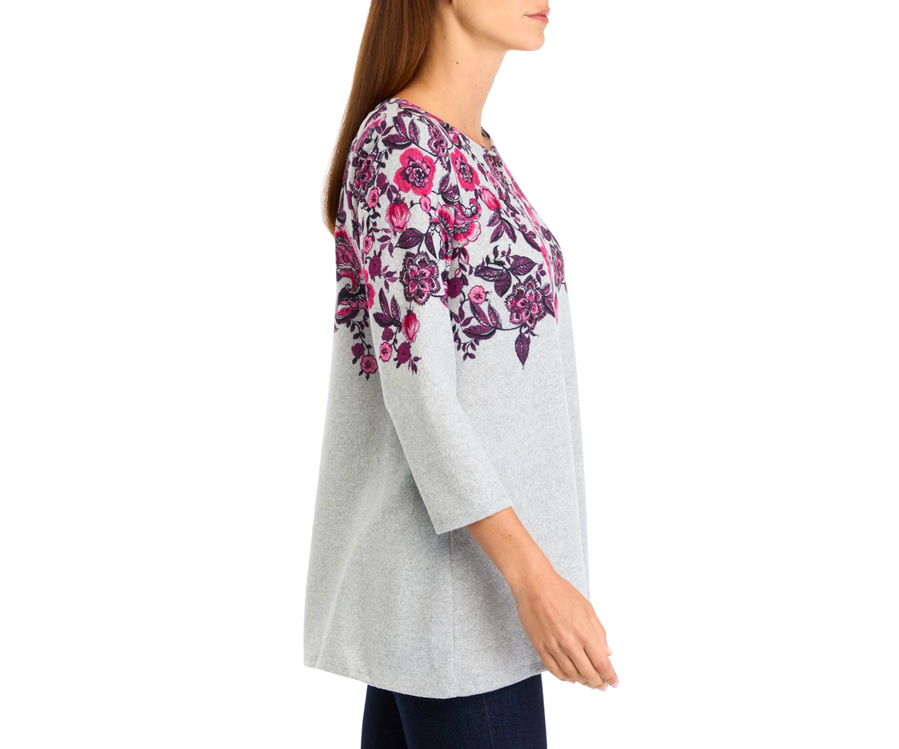 Womens Keyhole Neck Floral Vine Placement Print Hacci Knit Shark Bite Top