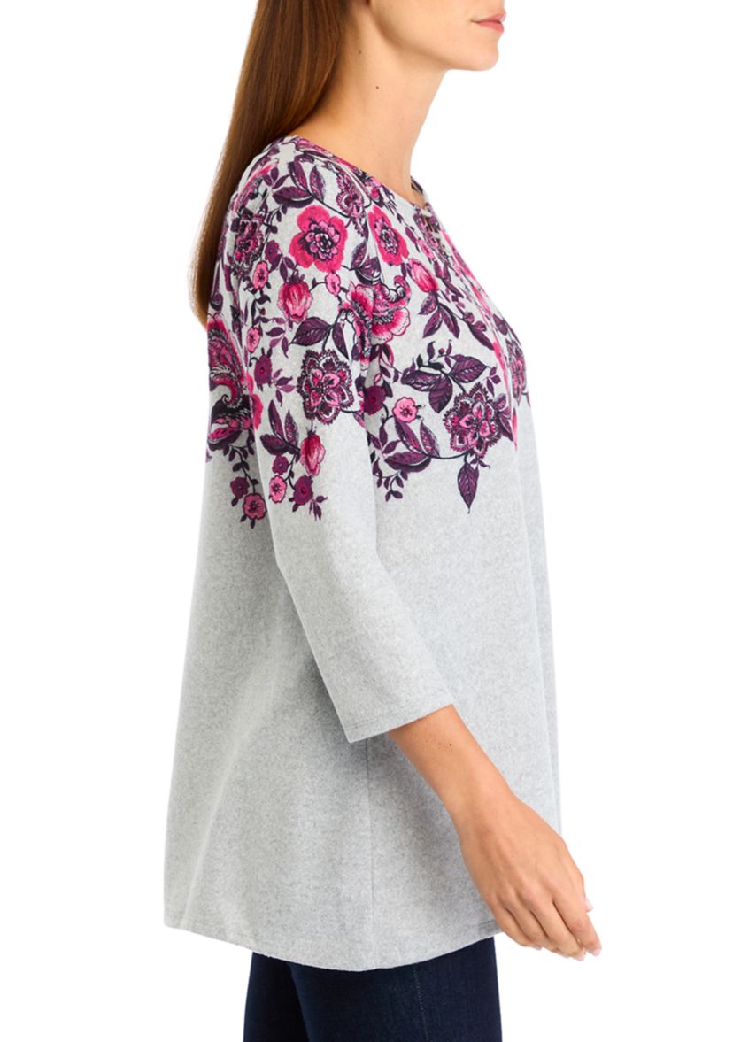 Womens Keyhole Neck Floral Vine Placement Print Hacci Knit Shark Bite Top
