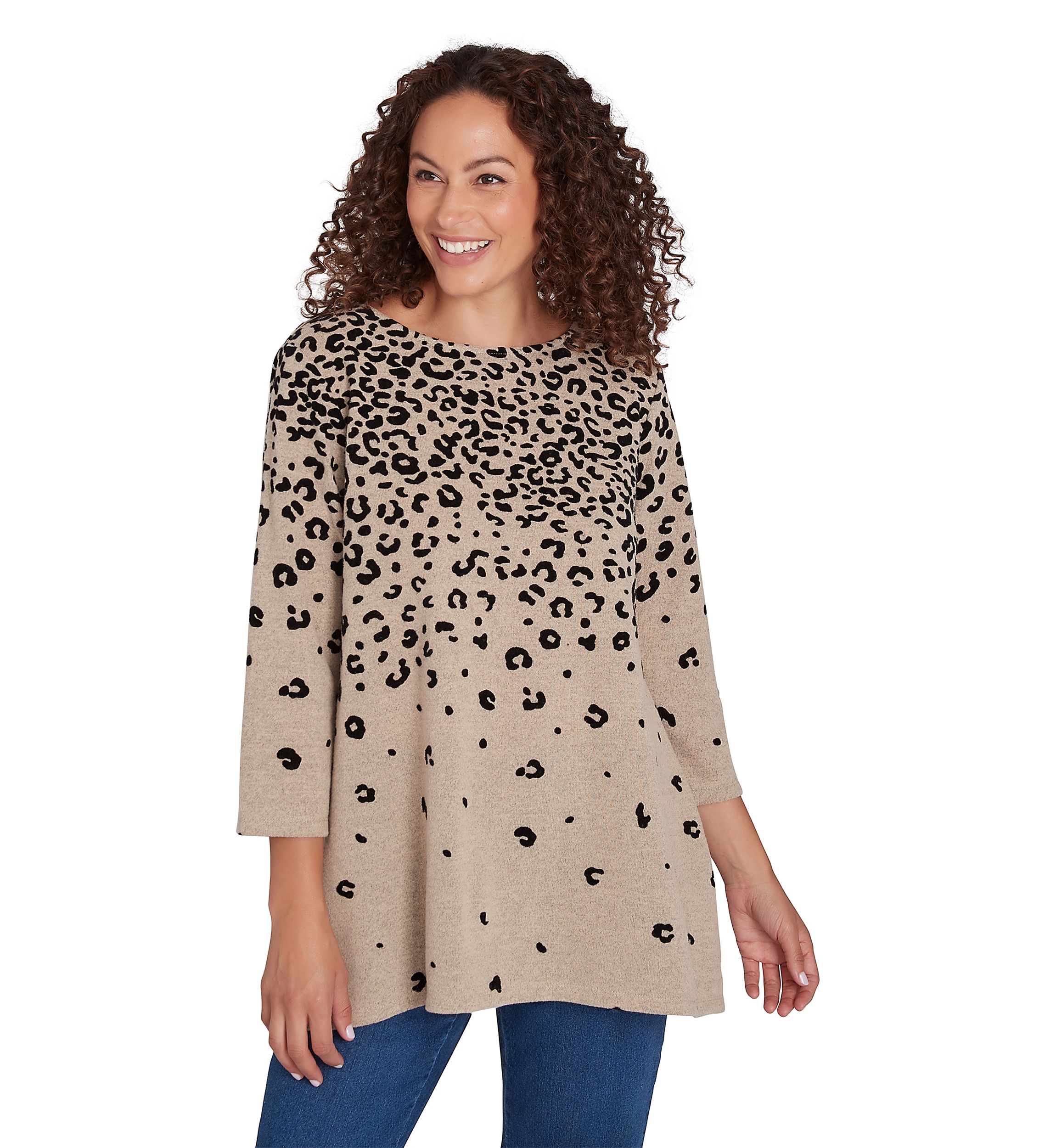 Womens Ballet Neck Flocked Animal Spots Hacci Knit Shark Bite Top