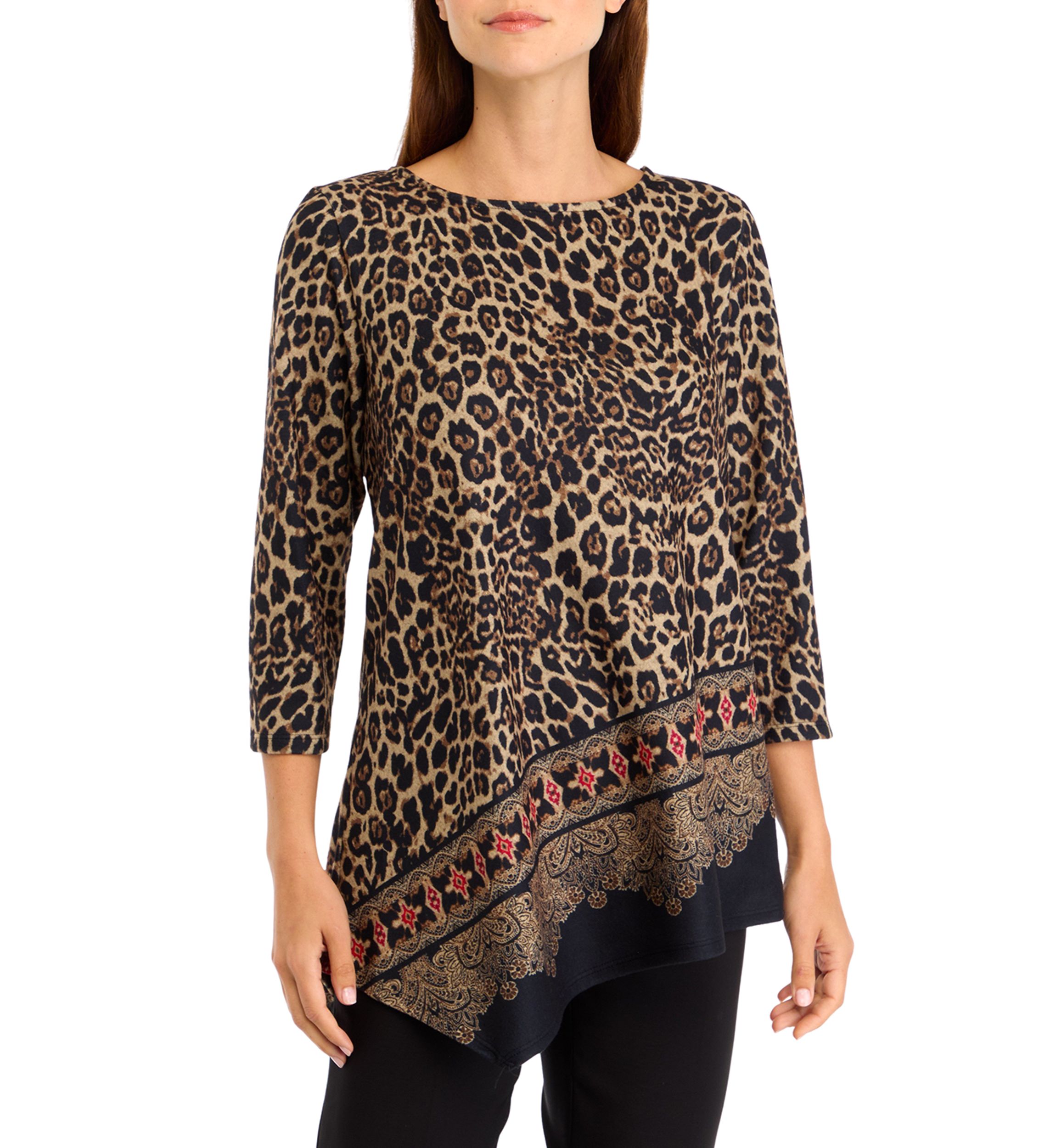 Womens Ballet Neck Animal Printed Hatchi Knit Top With Asymmetric Paisley Border Print Hem