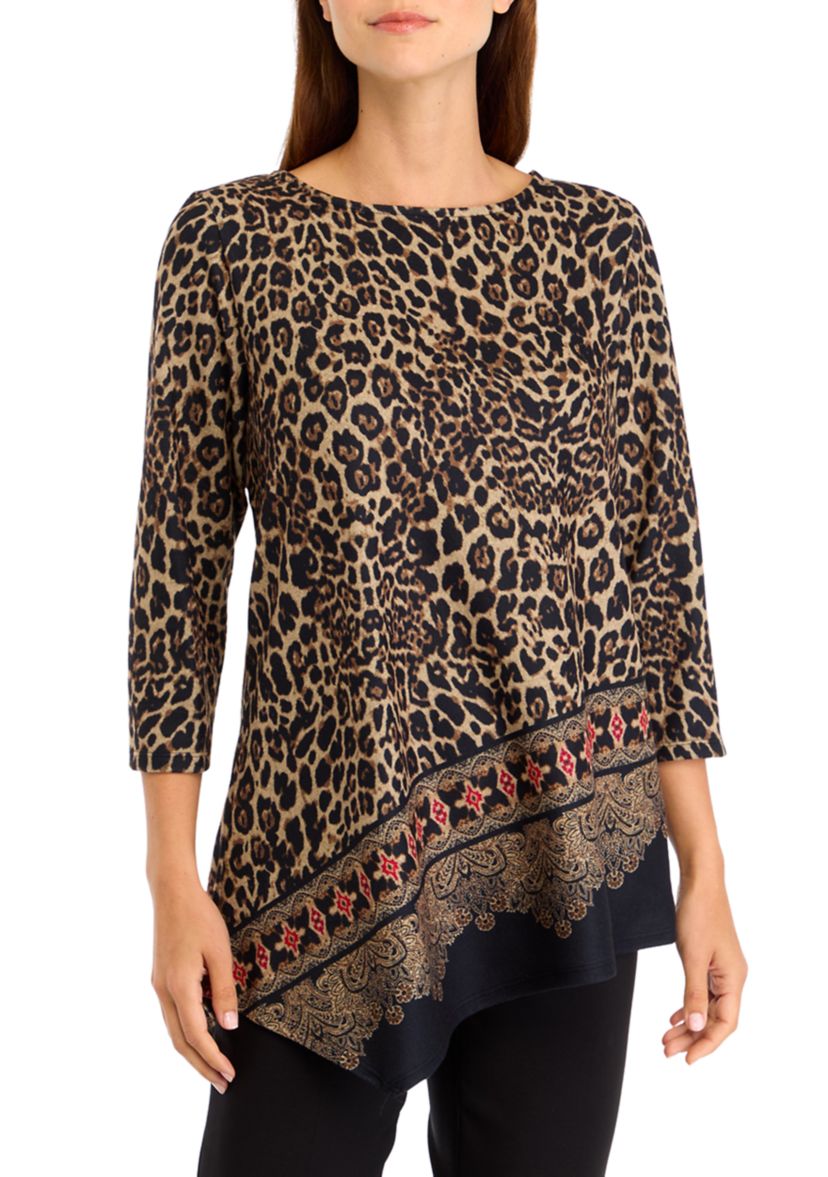 Womens Ballet Neck Animal Printed Hatchi Knit Top With Asymmetric Paisley Border Print Hem